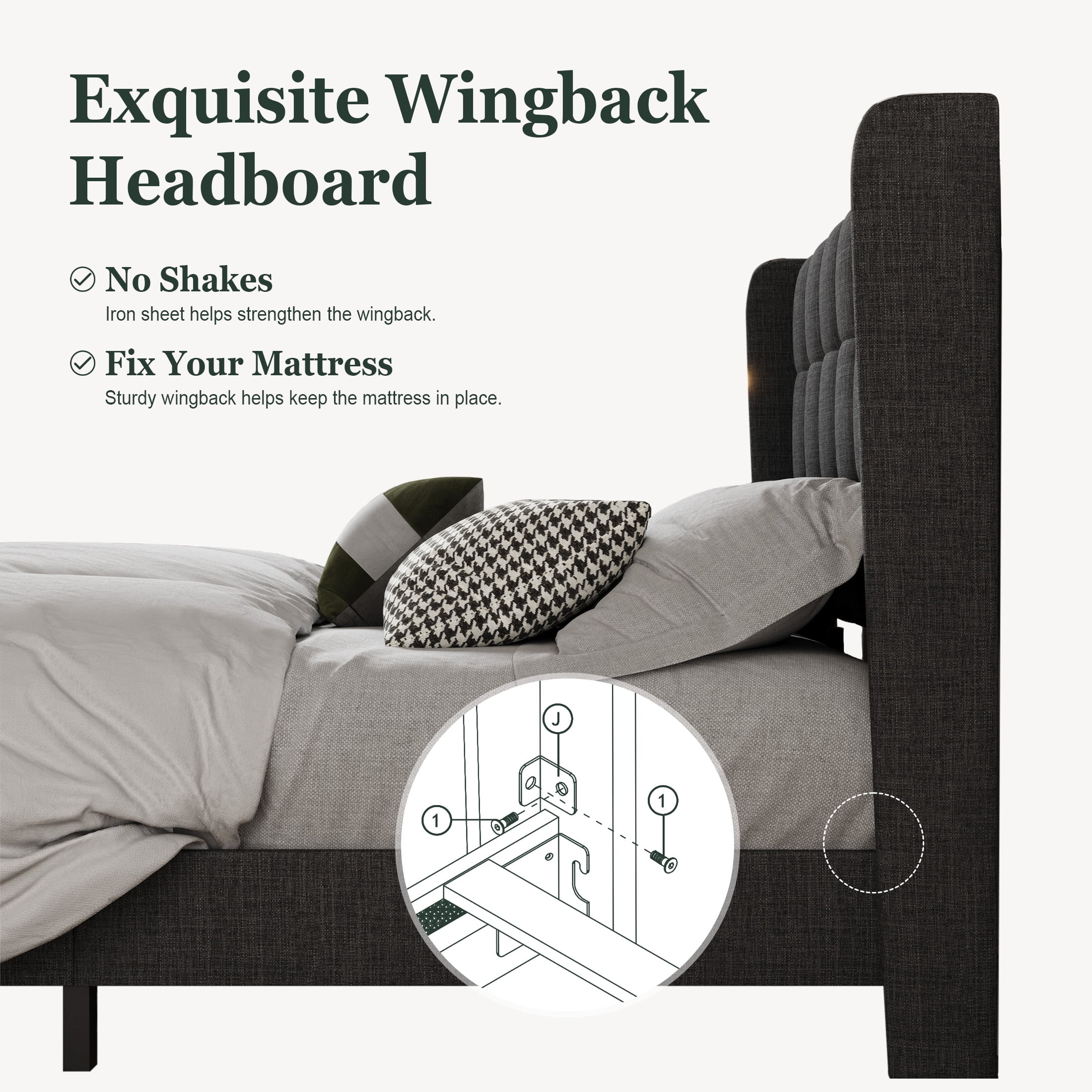 Amolife Full Size Platform Bed with Wingback Headboard, Square Stitched Style, Dark Grey - Image 6