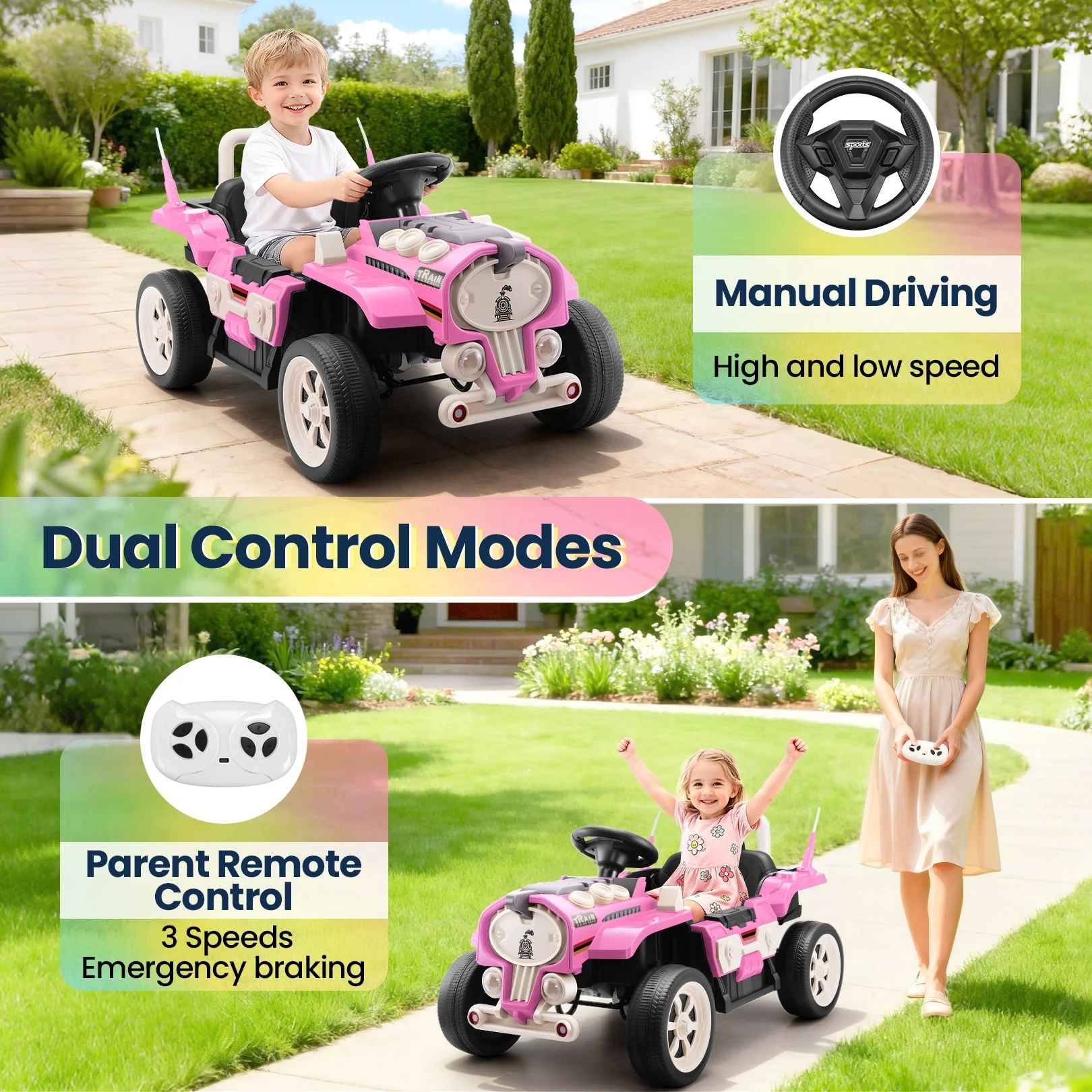 Funcid Ride on Train for Toddlers with Remote Control, Ride on Toys for Kids Ages 2-6, Electric Car for Kids with Music, Bluetooth, MP3 Player, Train Sound, Pink - Image 6