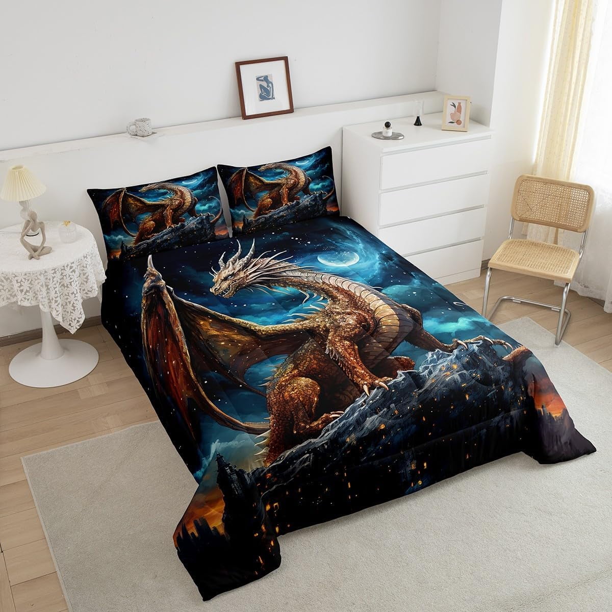 Erosebridal 3D Dragon Comforter Set Twin ,Blue Moon Nebula Galaxy Bedding Set Trippy Room Decor,Gothic Dragon Bedding Comforter Sets Animal Quilt Bed Set 2Pcs - Image 6