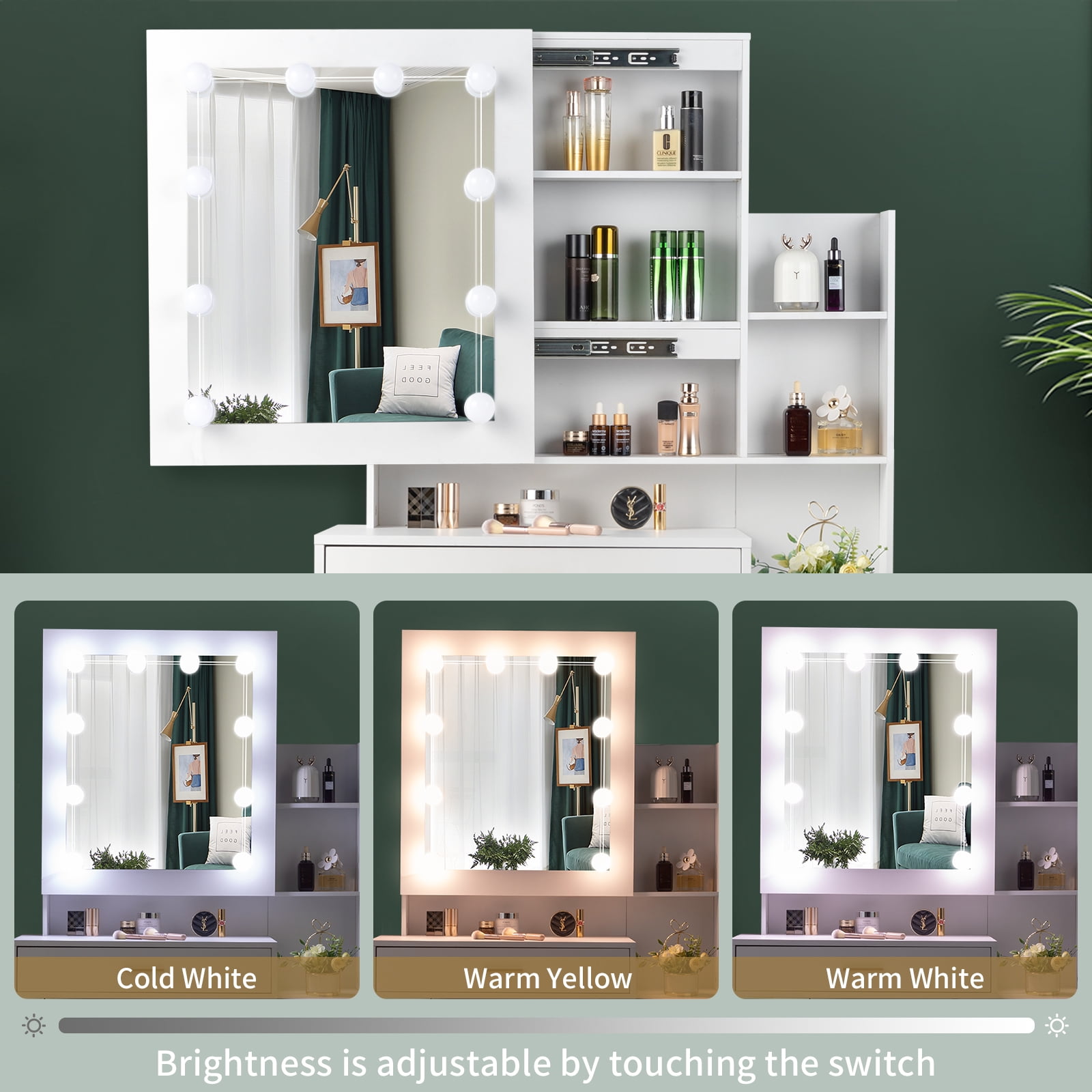 Ktaxon Vanity Table Set with Sliding Mirror, Makeup Table with Storage Cabinet, Dressing Vanity Tables, Dresser Desk for Girls, Women, White - Image 6