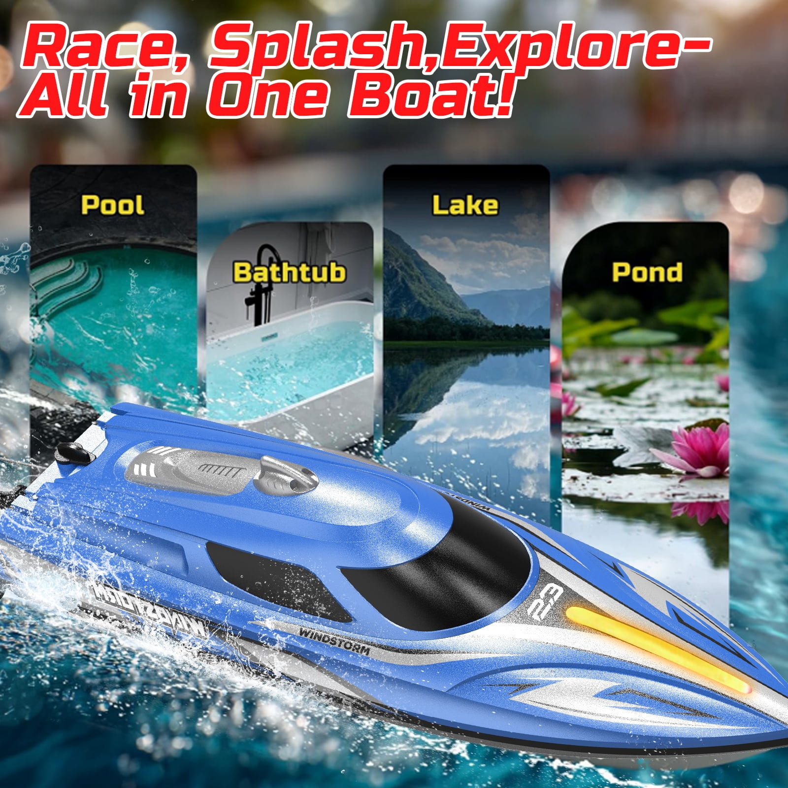 JoyStone 20+ mph RC Boat for Pool & Lakes, 14 inch Remote Control Boat with LED Lights, 2 Batteries 40Mins, Pool Toys for Adults & Kids (Blue) - Image 8