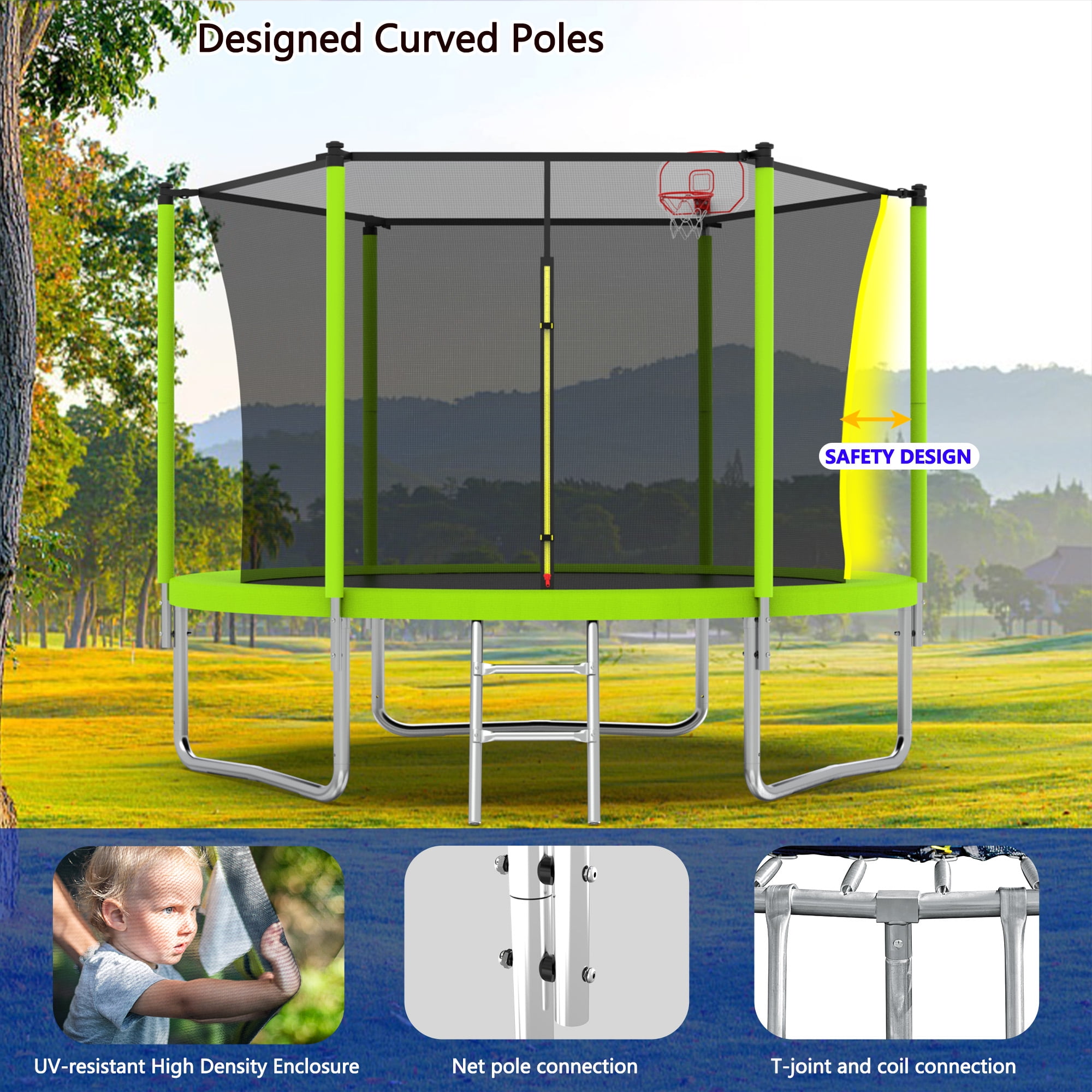 Yoneston 8FT Outdoor Trampoline with Basketball Hoop, 240LBS Round Trampoline with Ladder and Safety Enclosure for Kids and Adults in Backyard Garden, Green - Image 6