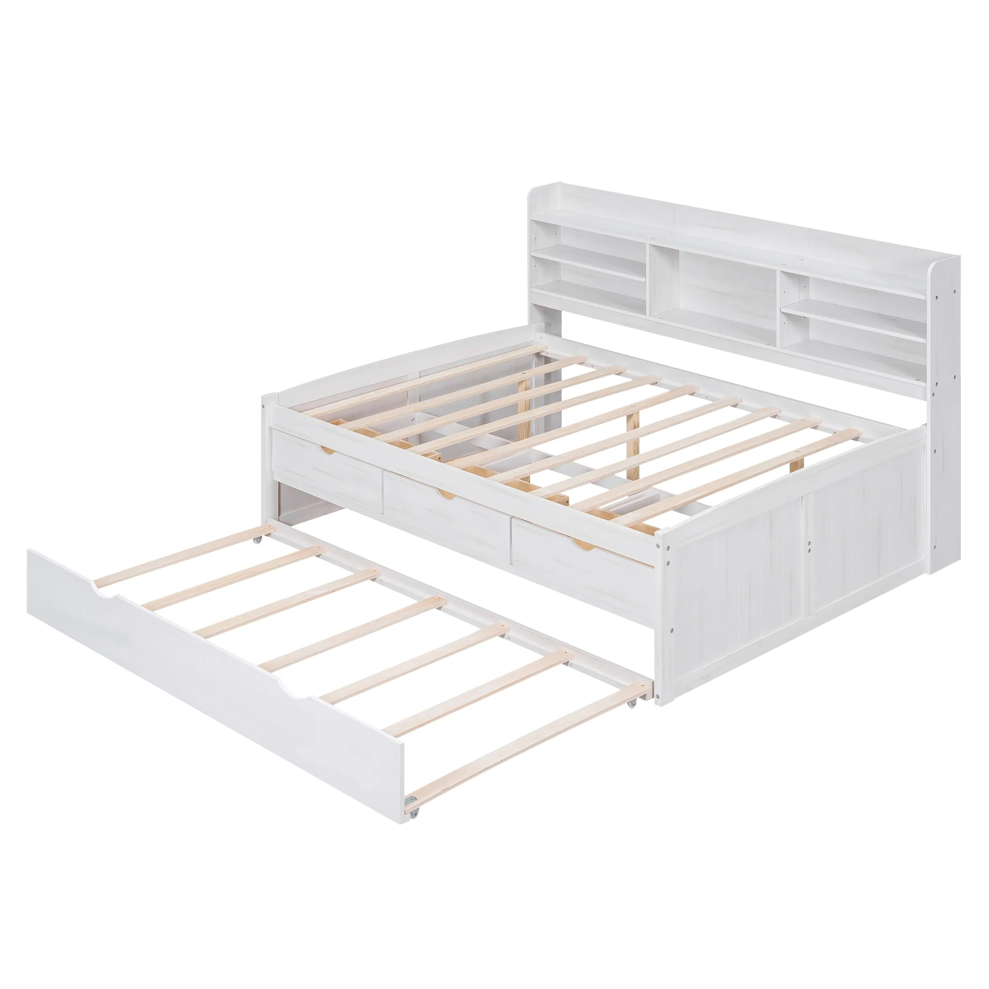 Euroco Wood Full Size Daybed with Shelf, Trundle and Drawers, Wood Captain Platform Bed with Staorage, 3 Drawers and Trundle, White - Image 11