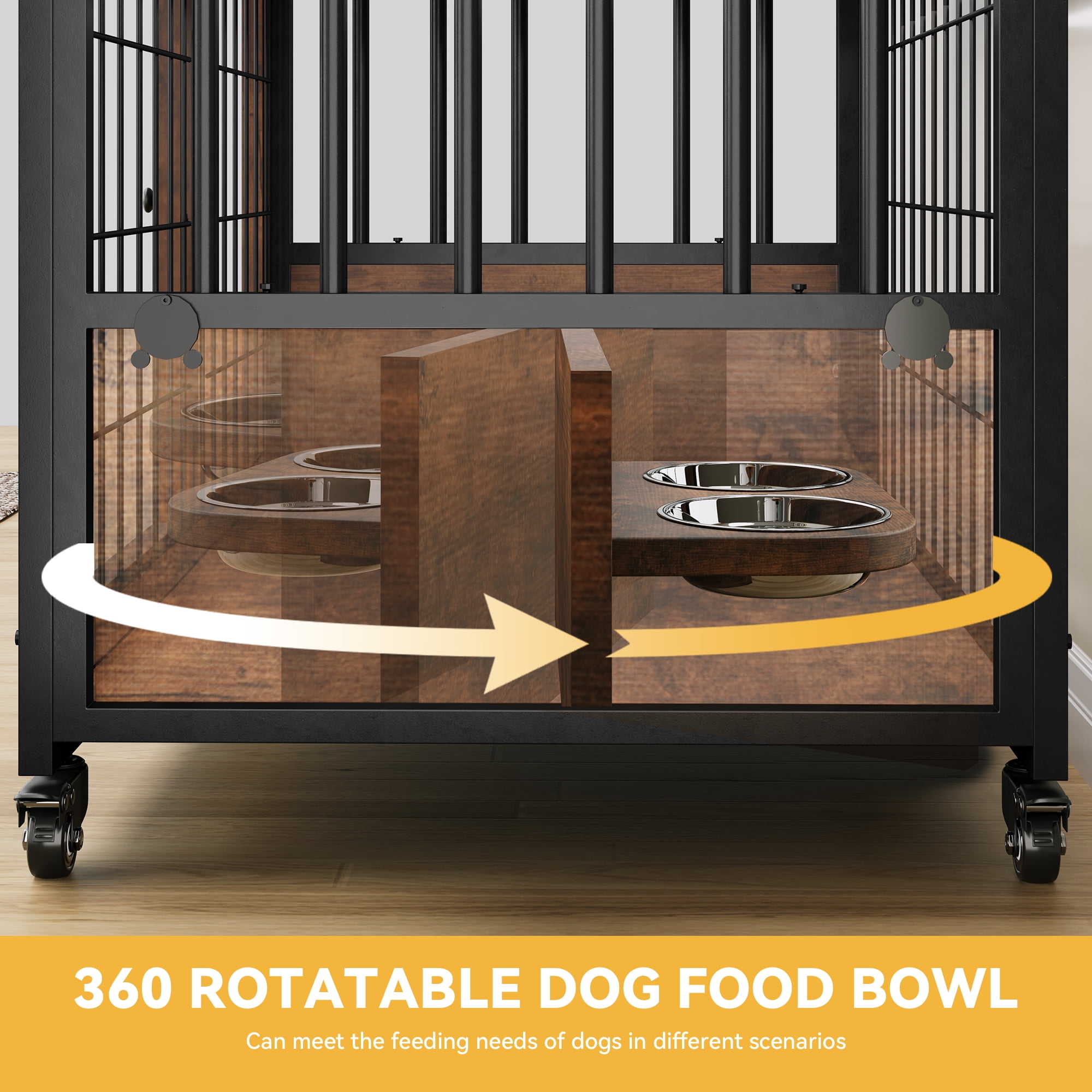 Uforic 32 inch Wooden Dog Crate Furniture,Double-Doors Kennel Indoor with Divider and 2 swirling bowls,End Table Dog Crate for Small Medium Dogs, 31.4"L x 22"W x 27.9"H, Dark Brown - Image 5