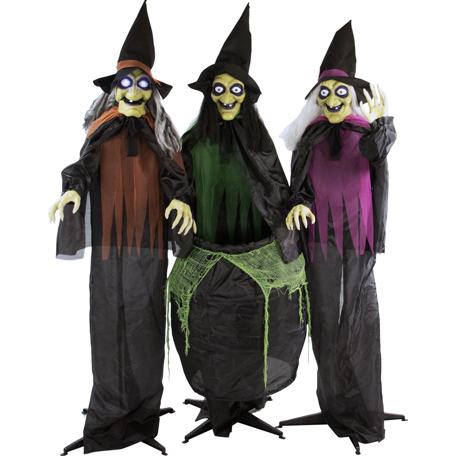 Haunted Hill Farm 5.7 ft Animatronic 3 Witches with Cauldron, Indoor/Covered Outdoor Halloween Decoration with Light-up Eyes, HHWITCH-15FLS - Image 4