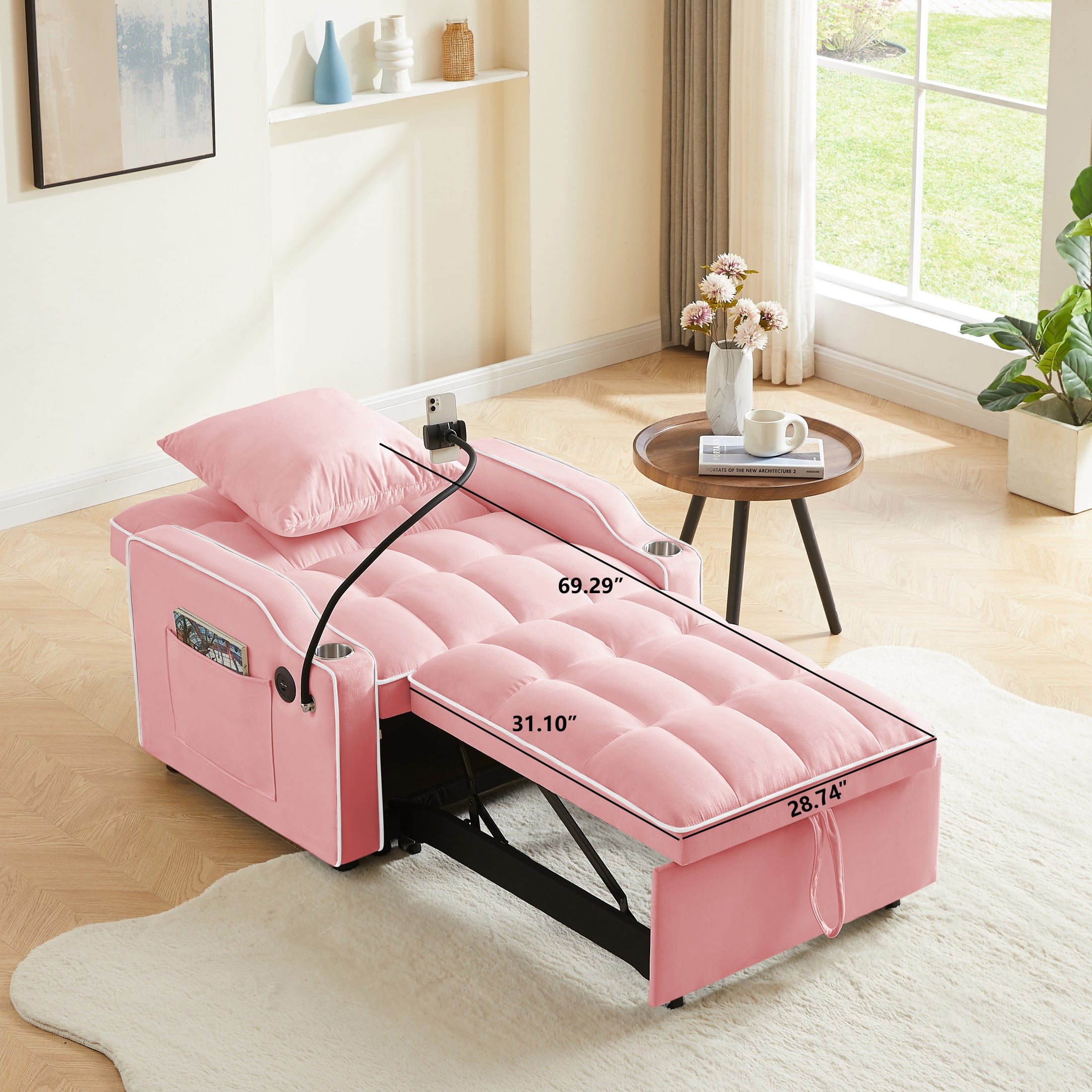 Aukfa Convertible Sleeper Chair Bed with USB Port, Cup Holder and Swivel Phone Holder, Pull Out Sofa Chair for Living Room/Bedroom/Small Space, Pink - Image 2