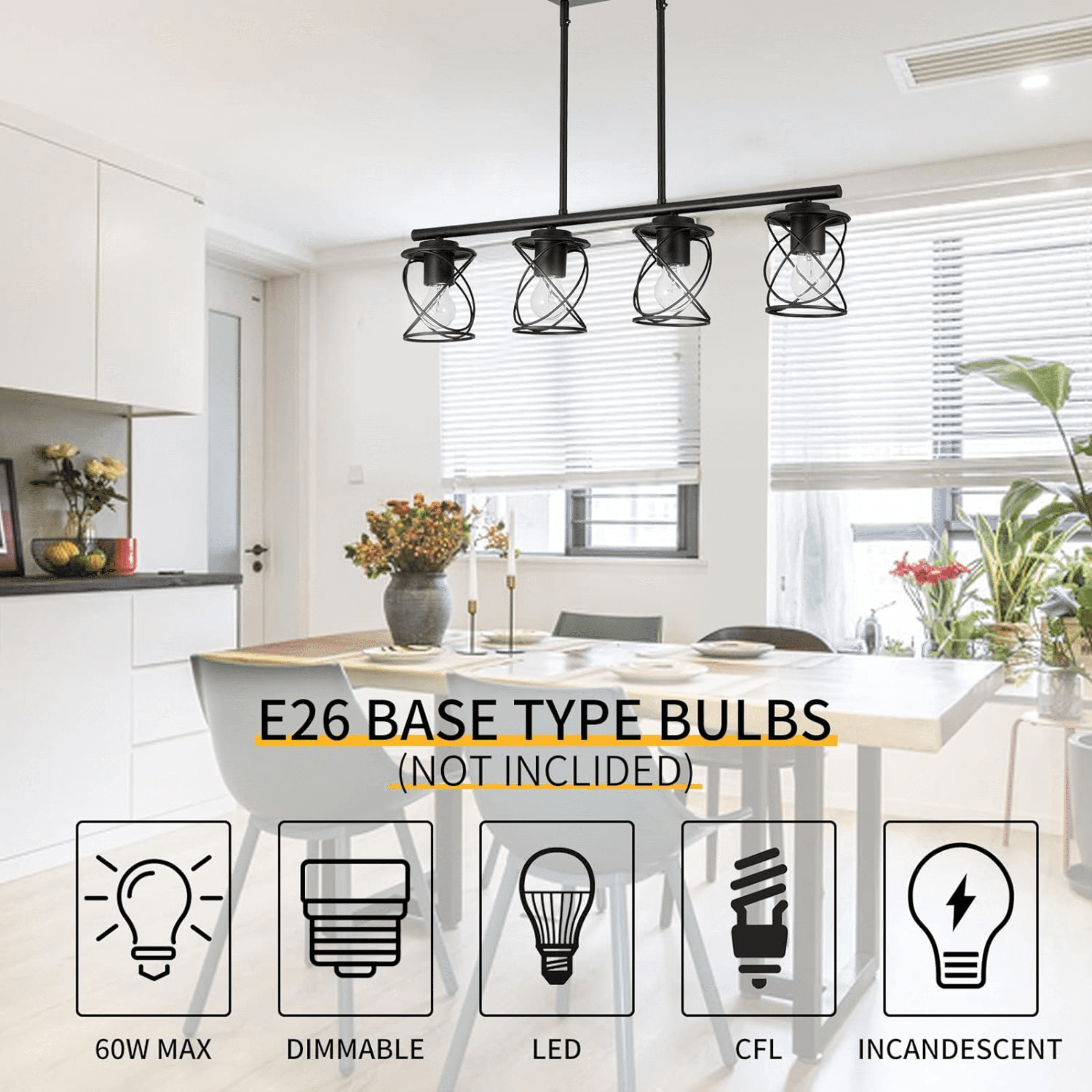 4-Light Kitchen Island Light, Dining Room Lighting Fixtures Hanging for Kitchen Island Table Living Room, Black Metal - Image 2