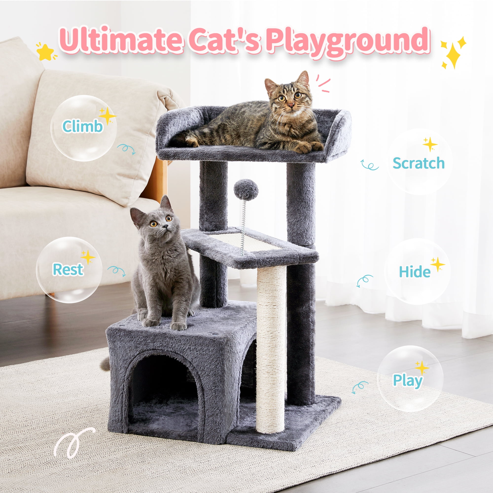 Made4Pets 29" High Multi-Level Climbing Furniture Carpet Cat Tree for Indoors Cats, Dark Grey - Image 9