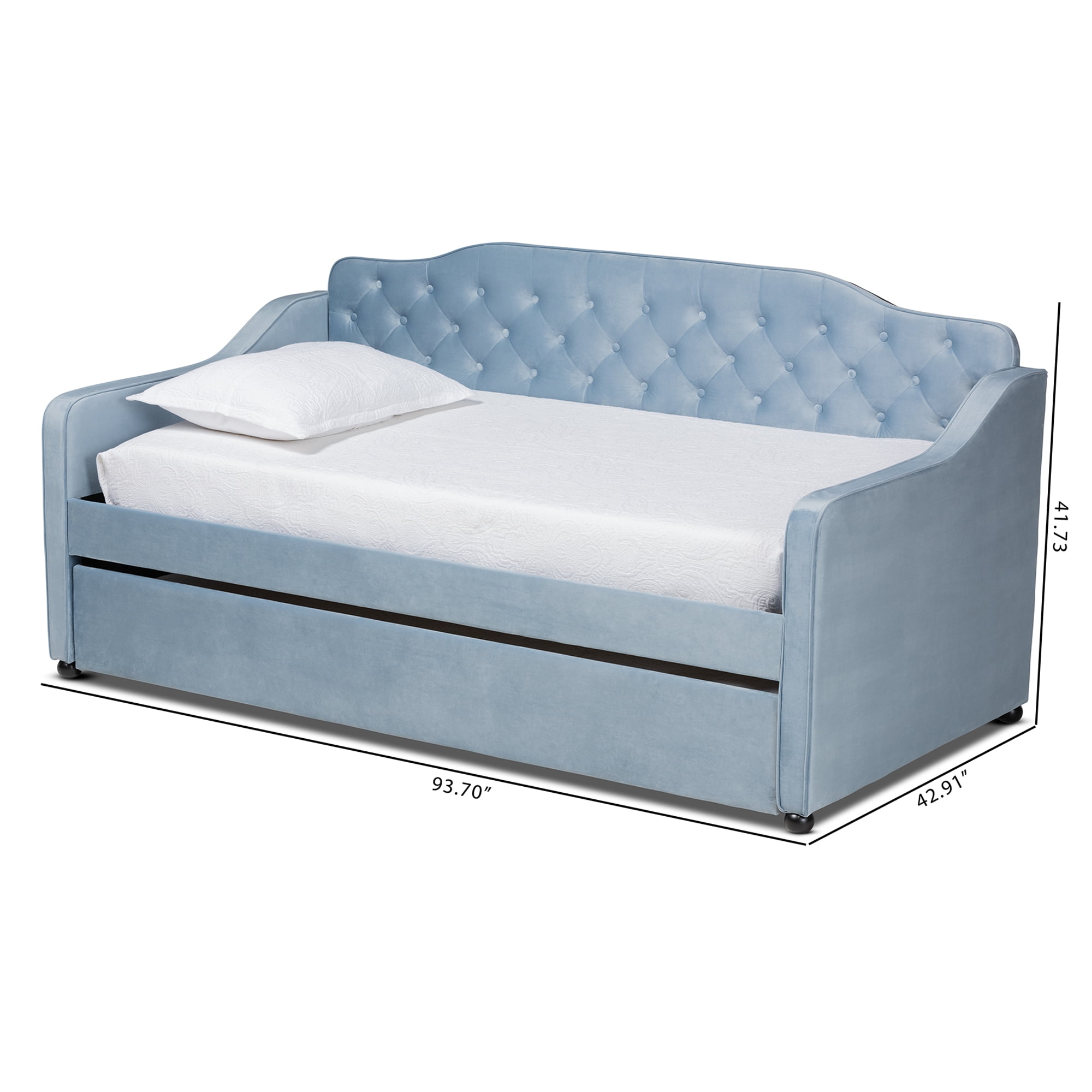 Baxton Studio Freda Transitional and Contemporary Light Blue Velvet Upholstered and Button Tufted Twin Size Daybed with Trundle - Image 7