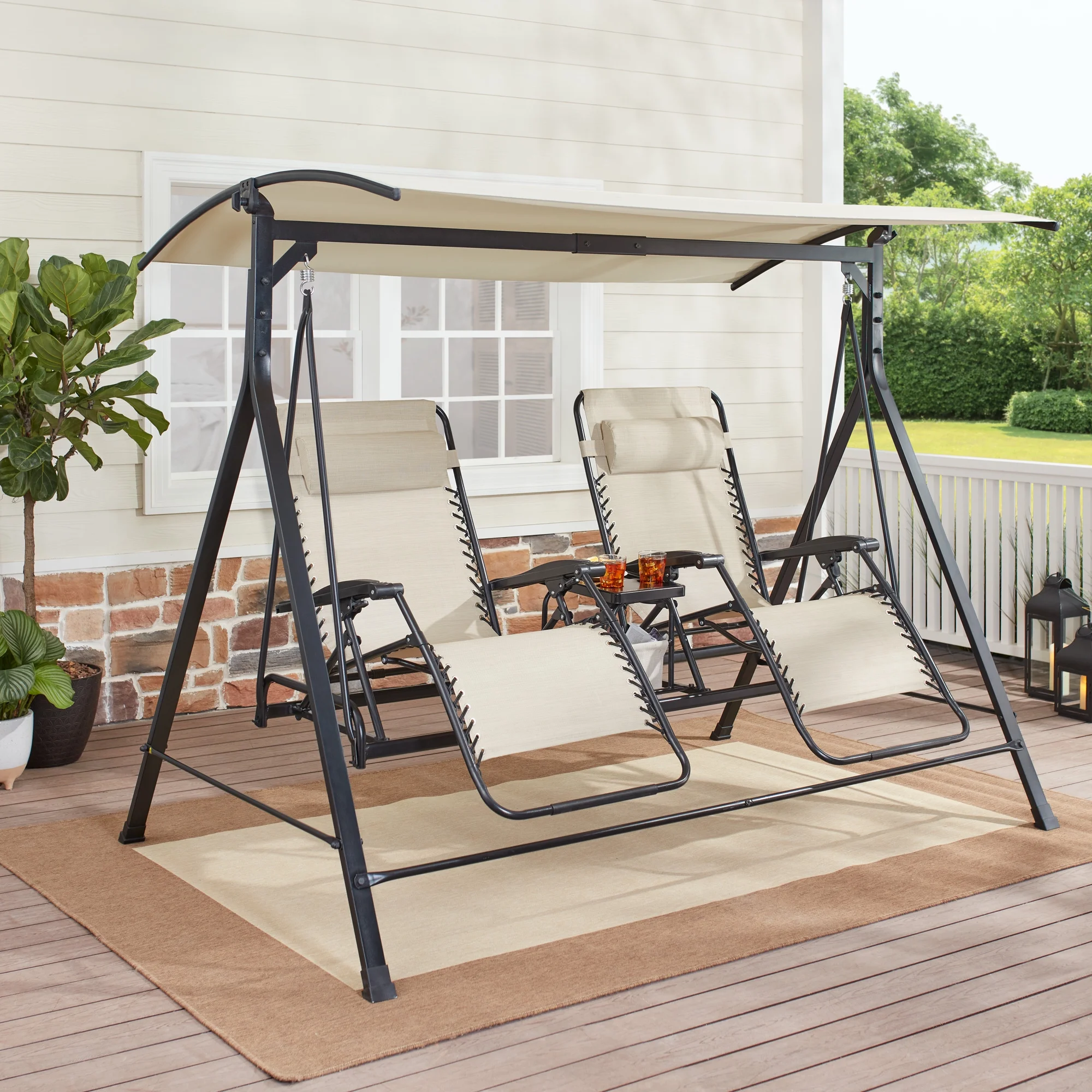Mainstays Dashwood 2-Seat Steel Freestanding Canopy Porch Swing with Center Table, Beige/Black - Image 8