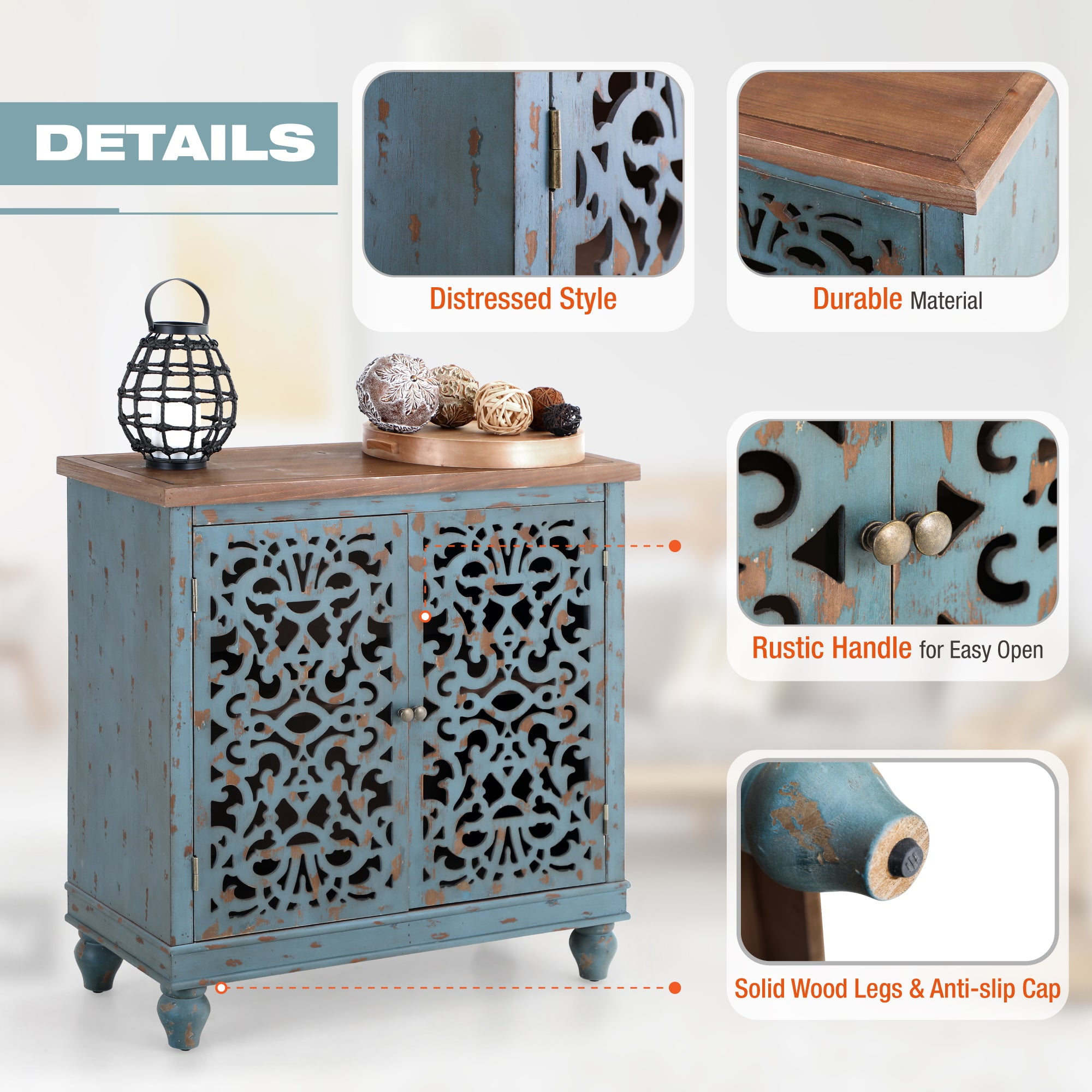 Sophia & William Hollow-Carved Credenzas and Sideboards, Wood Blue, 2 Shelves - Image 4