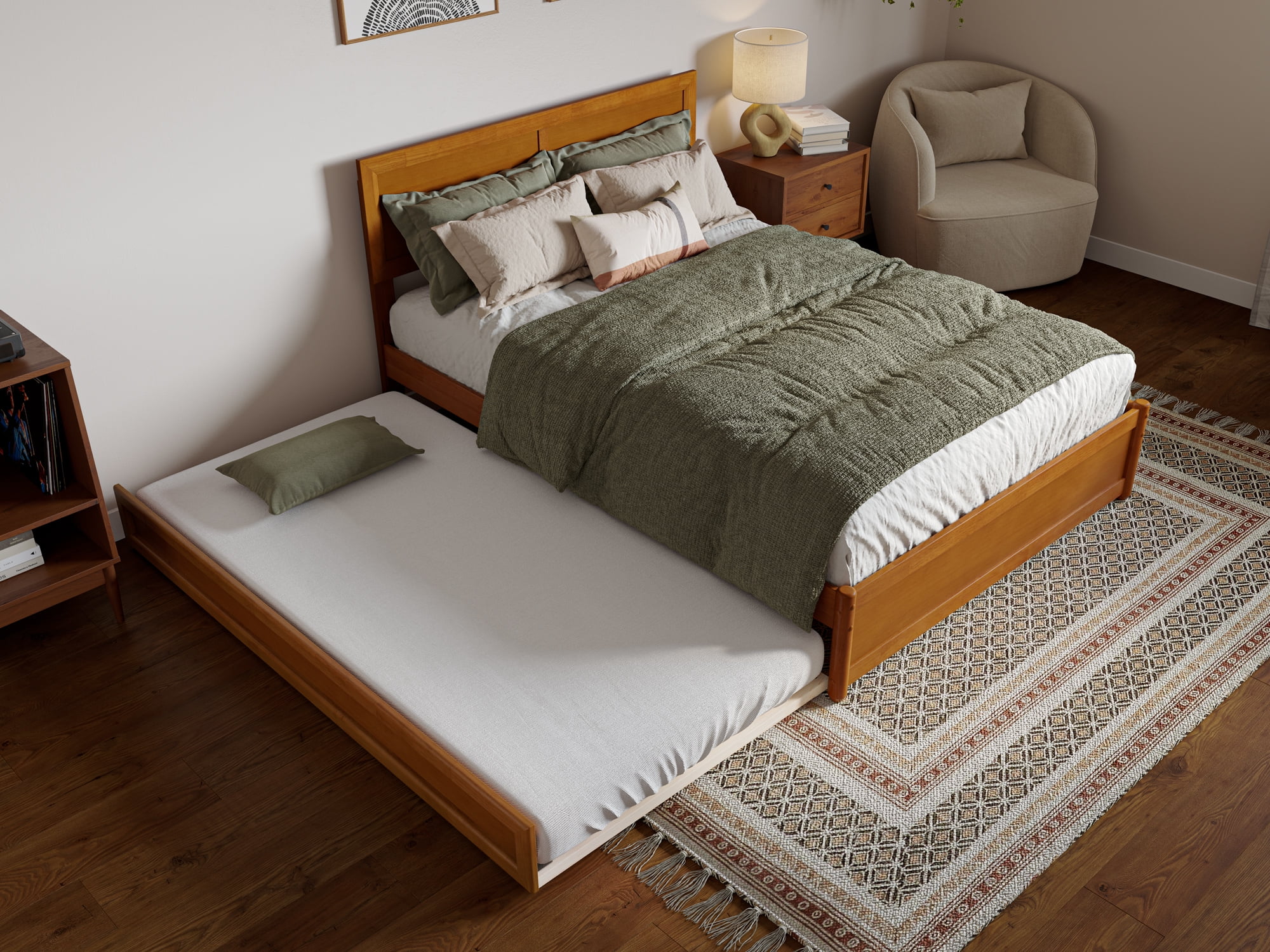 AFI Lylah Full Wood Platform Bed with Panel Footboard and Twin Trundle, Light Toffee - Image 15