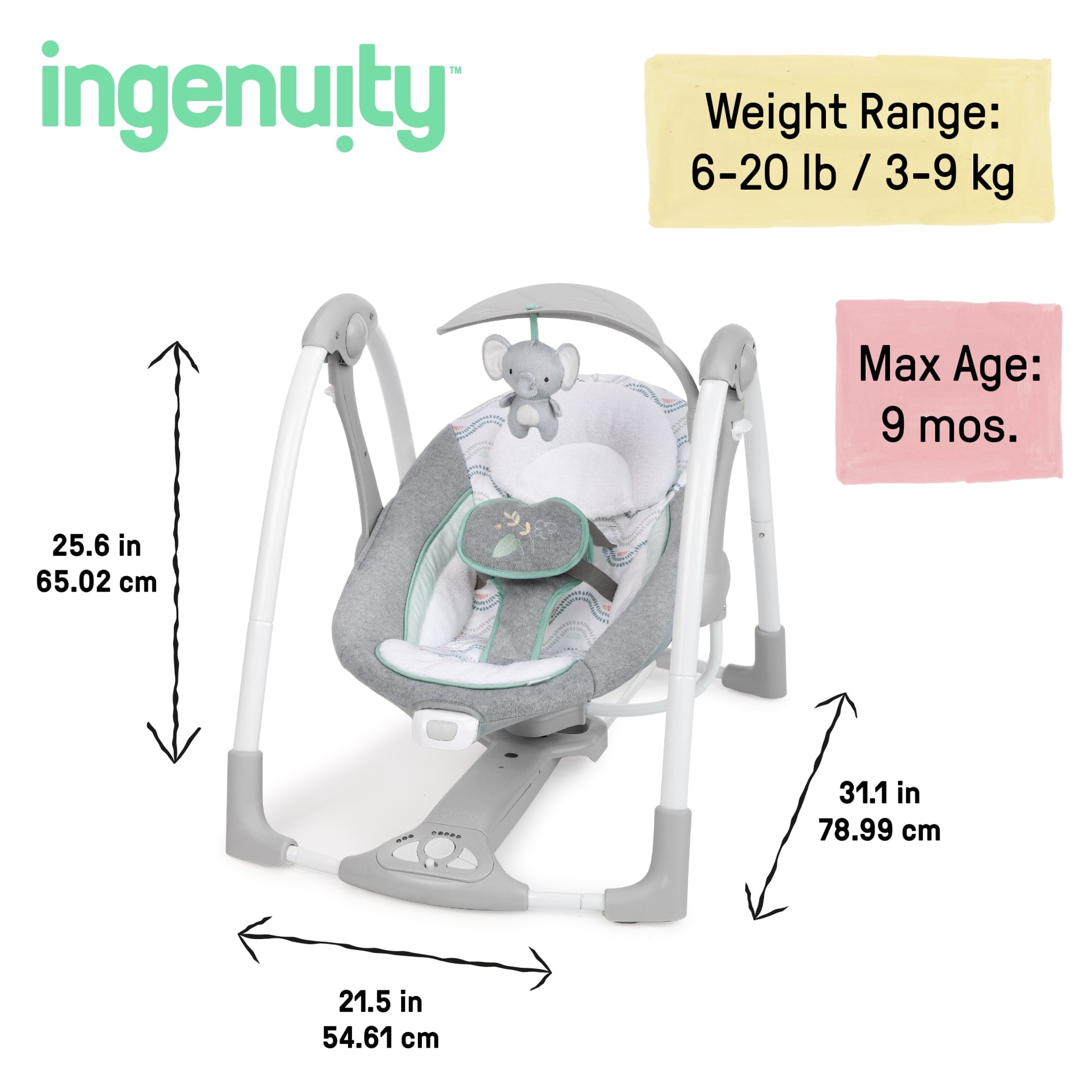 Ingenuity 2-in-1 Portable Baby Swing & Infant Seat with Vibrations and Music, Unisex, Swell - Image 9