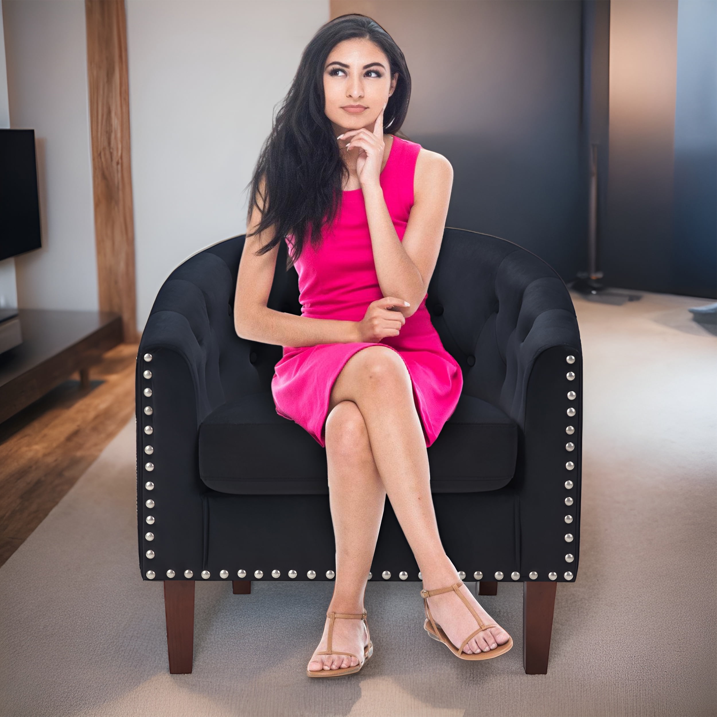 TrumanPick Barrel Accent Chair, Set of 2 Modern Velvet Barrel Chair Cozy Club Chair with Wood Legs Read Chair for Living Room, Black - Image 5