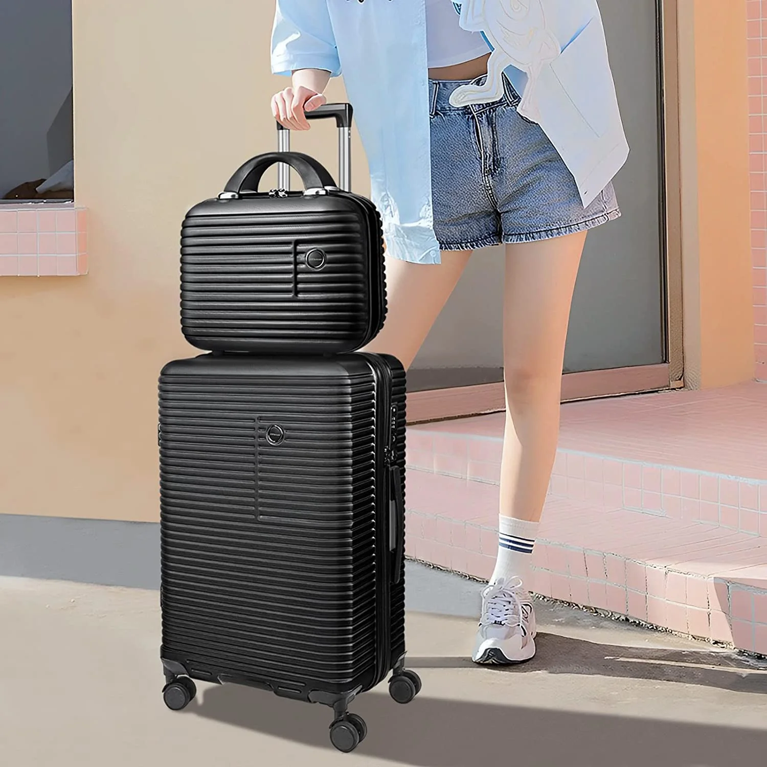 JZRTravel 20 in Striped Spinner Carry On Luggage with 14 in Cosmetic Case, Black - Image 10