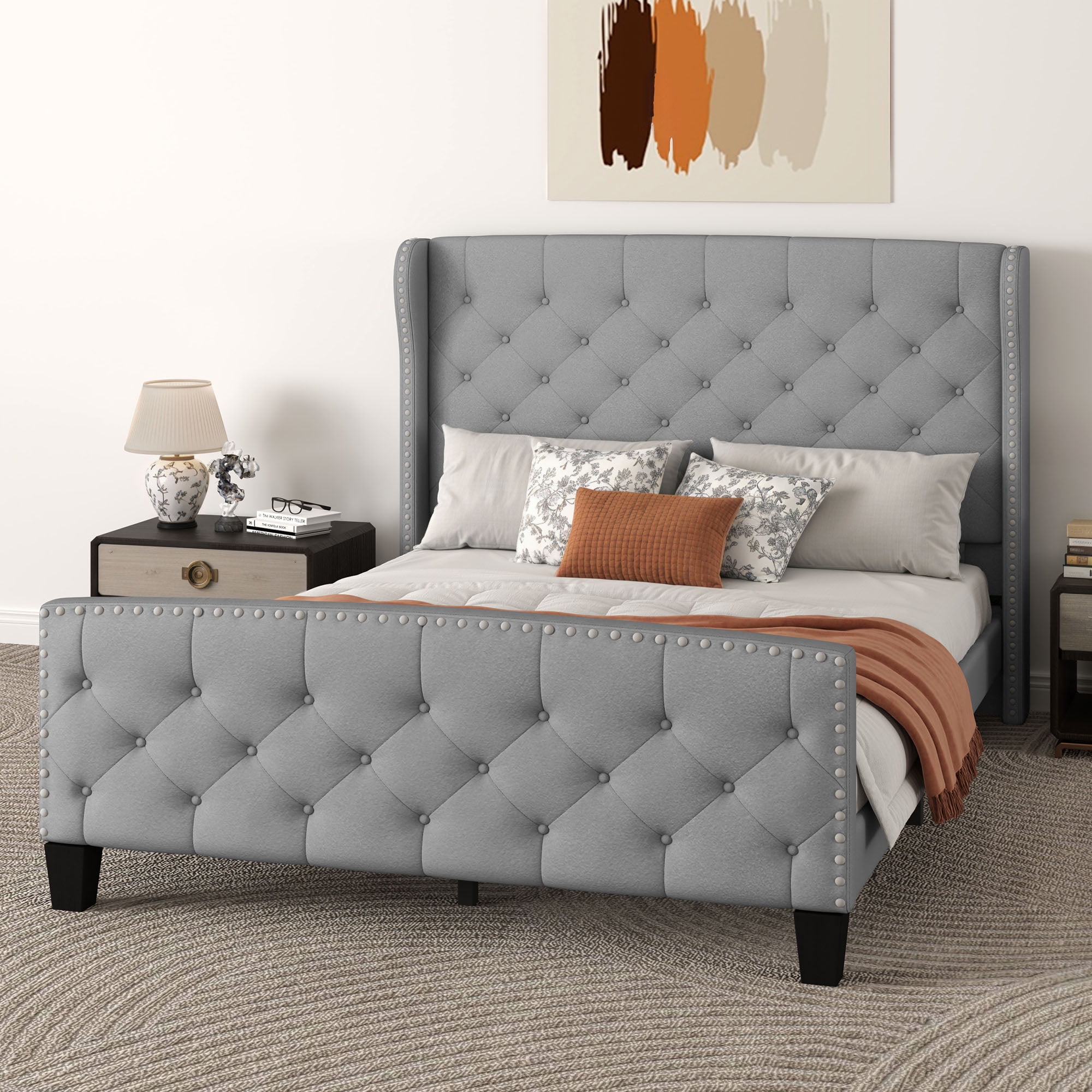 Dextrus Upholstered Bed Frame Queen Size, Platform Bed Base with Velvet Headboard & Footboard, Wingback Upholstered Bed Frame Mattress Foundation, No Box Spring Needed, Grey - Image 3