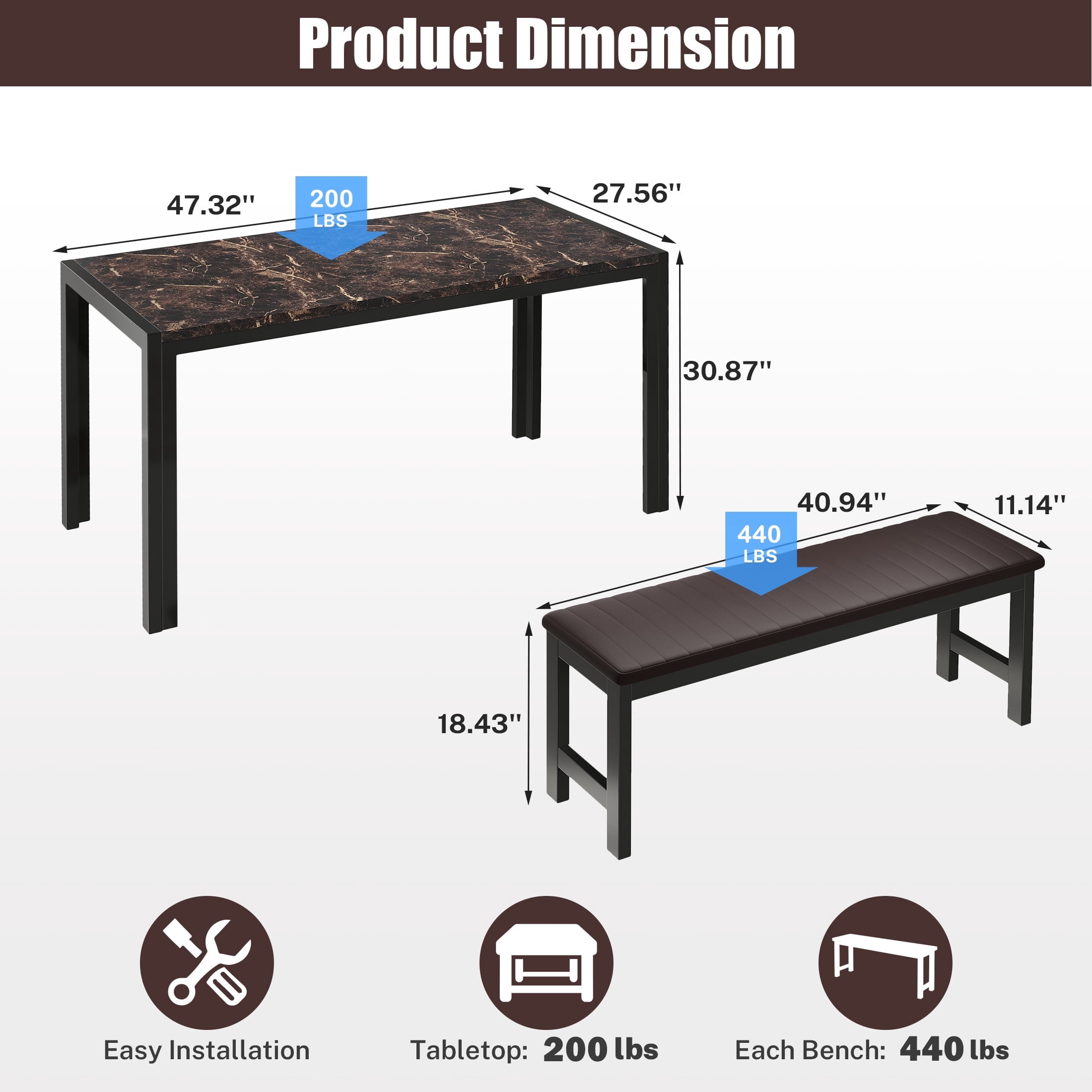 PORKISS Dining Table Set for 4, Faux Marble Kitchen Table Set with 2 PU Leather Benches, Breakfast Nook Set for Small Spaces, 3 Piece Dining Room Table Set, Brown+Black - Image 9