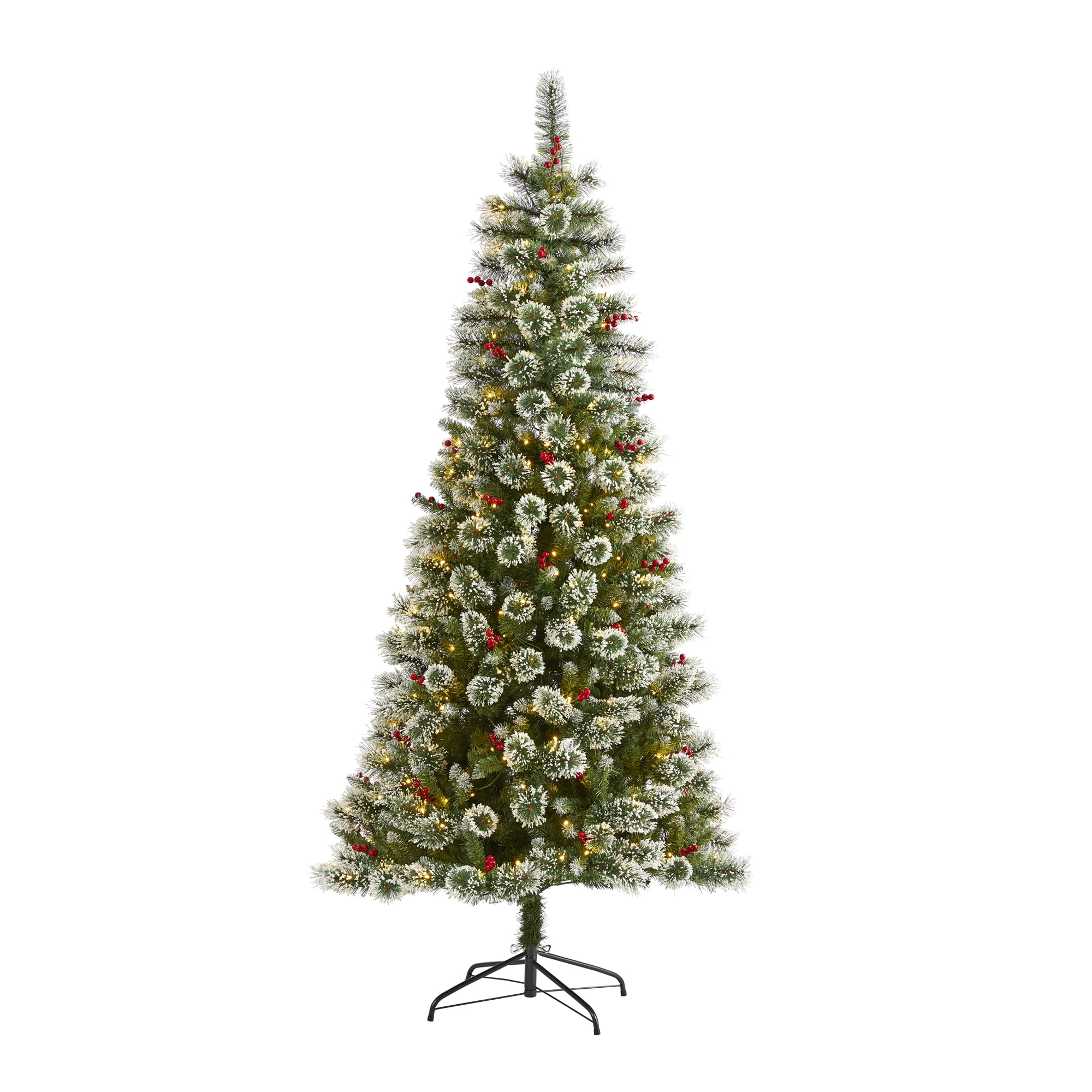 Nearly Natural 7' Green Frosted Artificial Christmas Tree with Berries Prelit 400 Clear LED Lights - Image 6