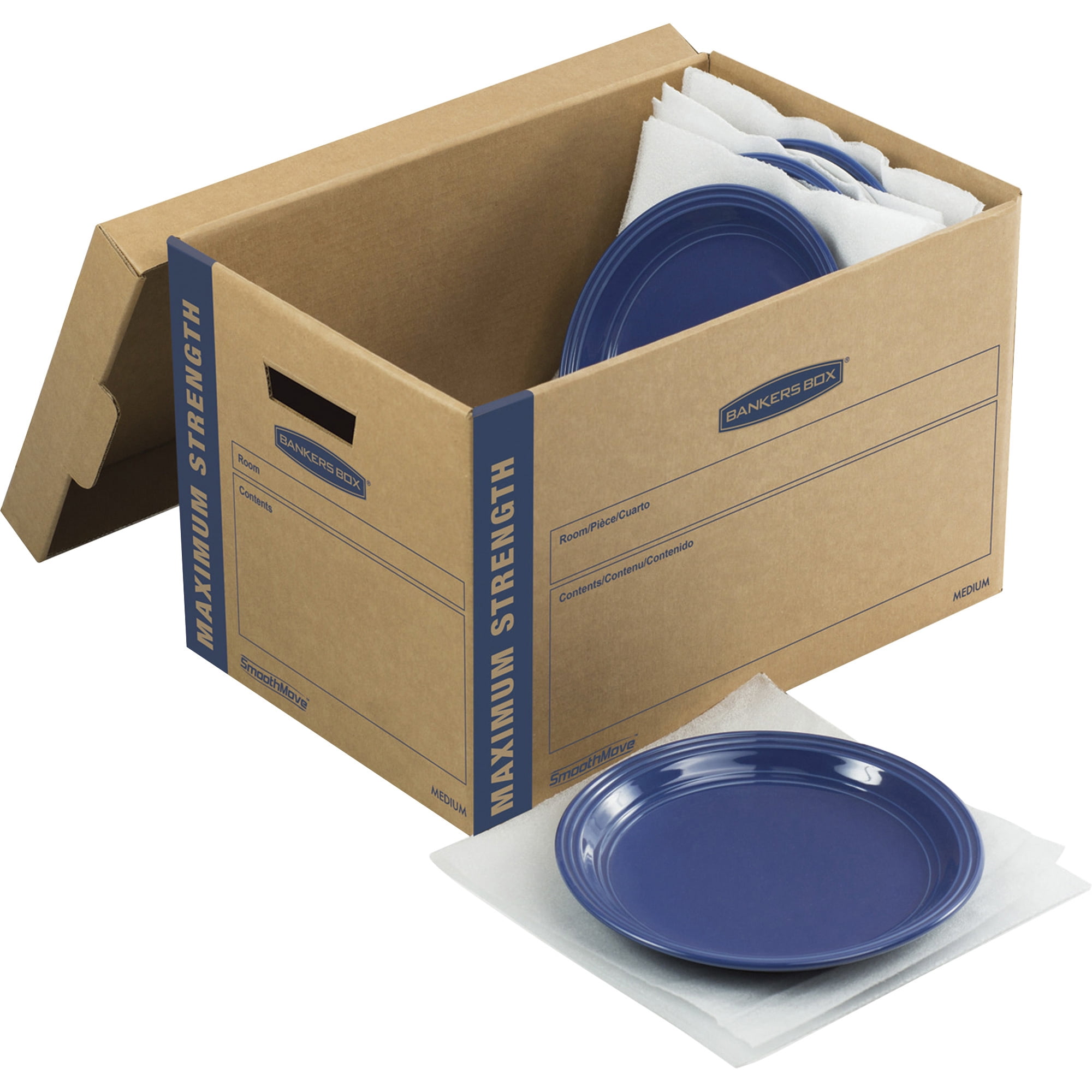 Bankers Box 7710301 SmoothMove 12.25 in. x 18.5 in. x 12 in. Maximum Strength Moving/Storage Boxes - Medium, Brown/Blue (8/Carton) - Image 2