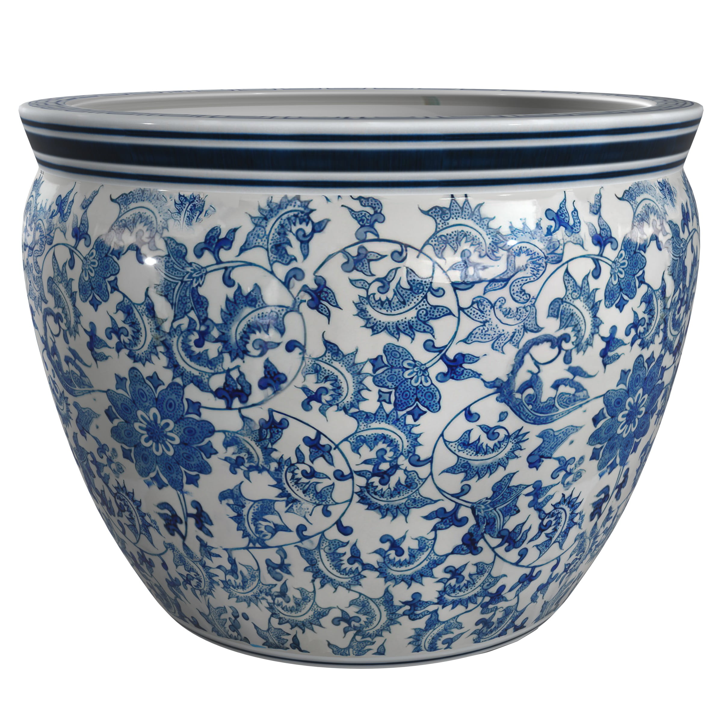 Red Lantern 14" Floral Blue & White Porcelain Fishbowl Planter - Image 6