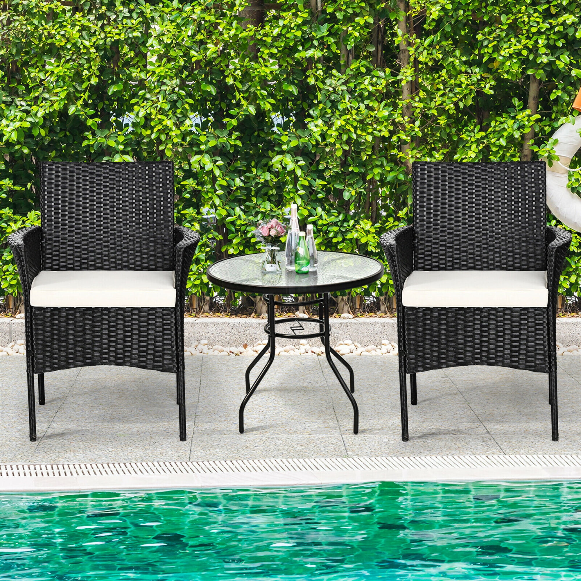 Gymax 2PCS Patio Rattan Arm Dining Chair Cushioned Sofa Furniture Black - Image 3
