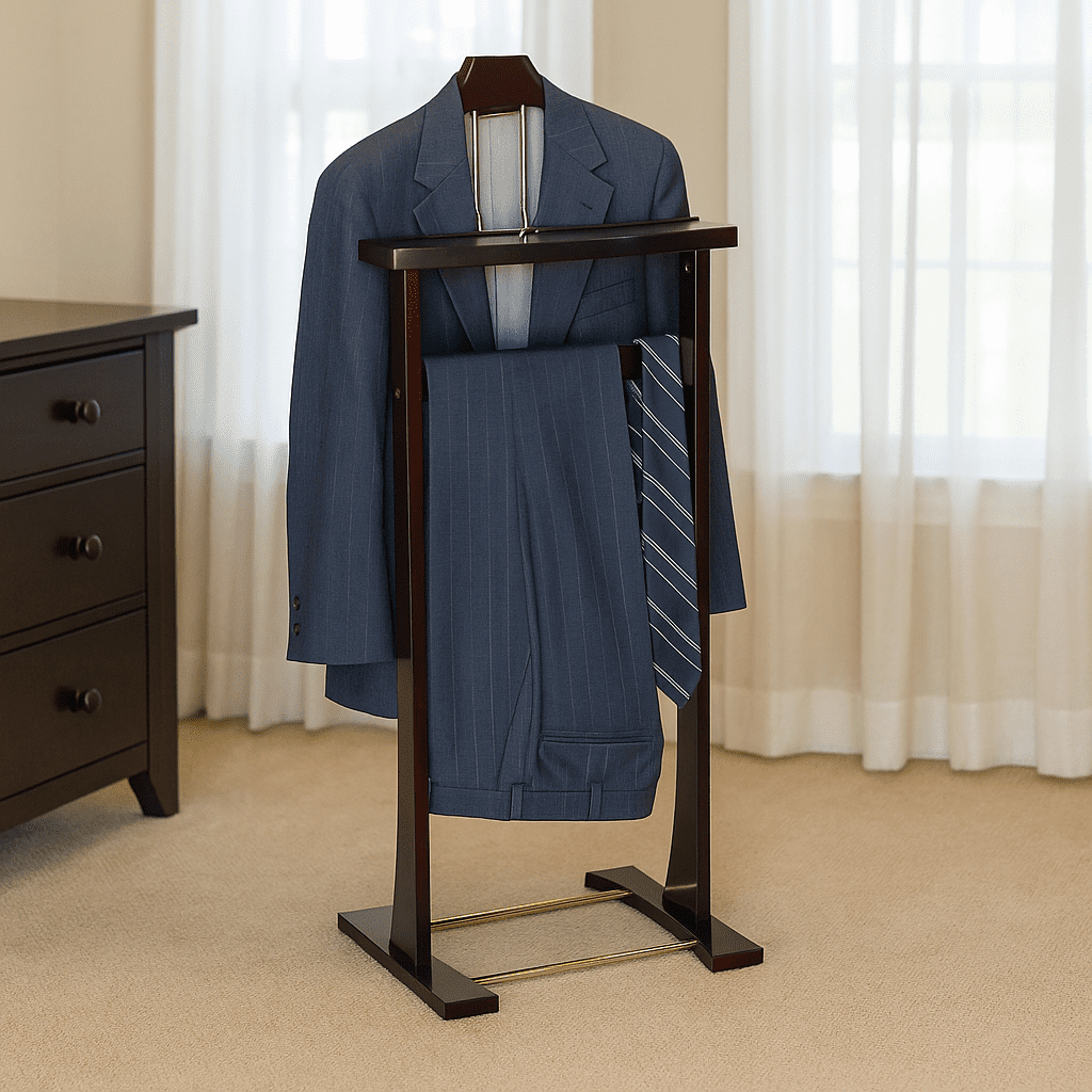Proman Products Ashton Valet Suit Stand with Top Tray, Contour Hanger, Trouser Bar and Shoe Rack, Dark Mahogany - Image 6