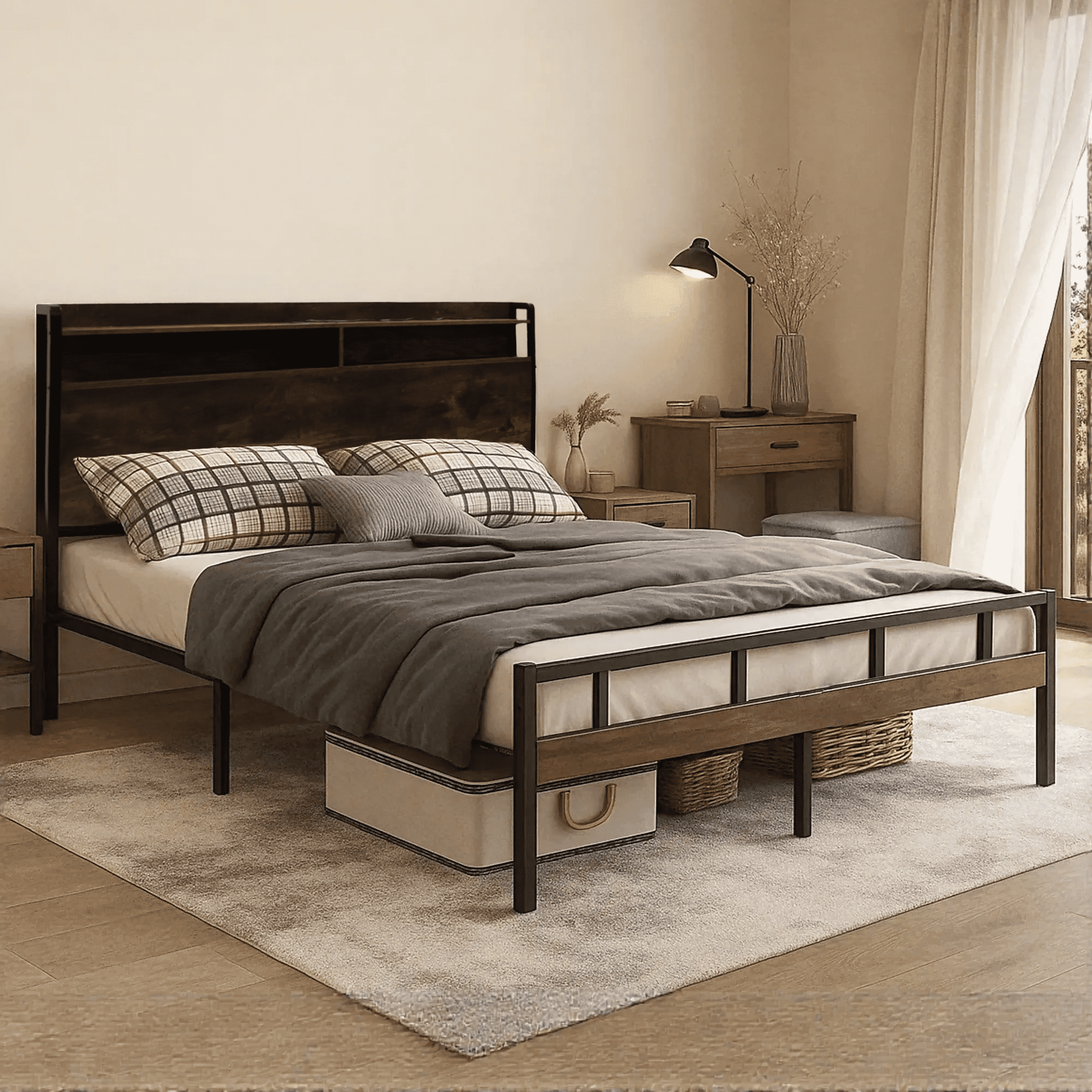 Full size Bed Frame with Storage Headboard, LED Lights and USB Charging Station, Metal Bed Frame, Rustic Brown - Image 6