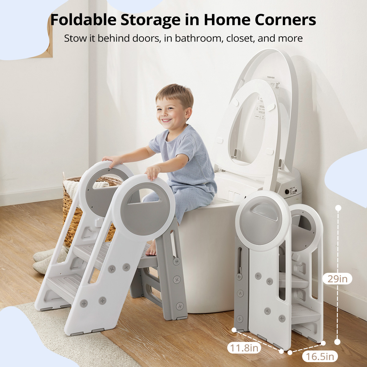 Toddler Step Stool,CAVEEN Foldable Stool for Kids ,Step Helper Adjustable 3 to 2 Stool for Kitchen,Gray - Image 6