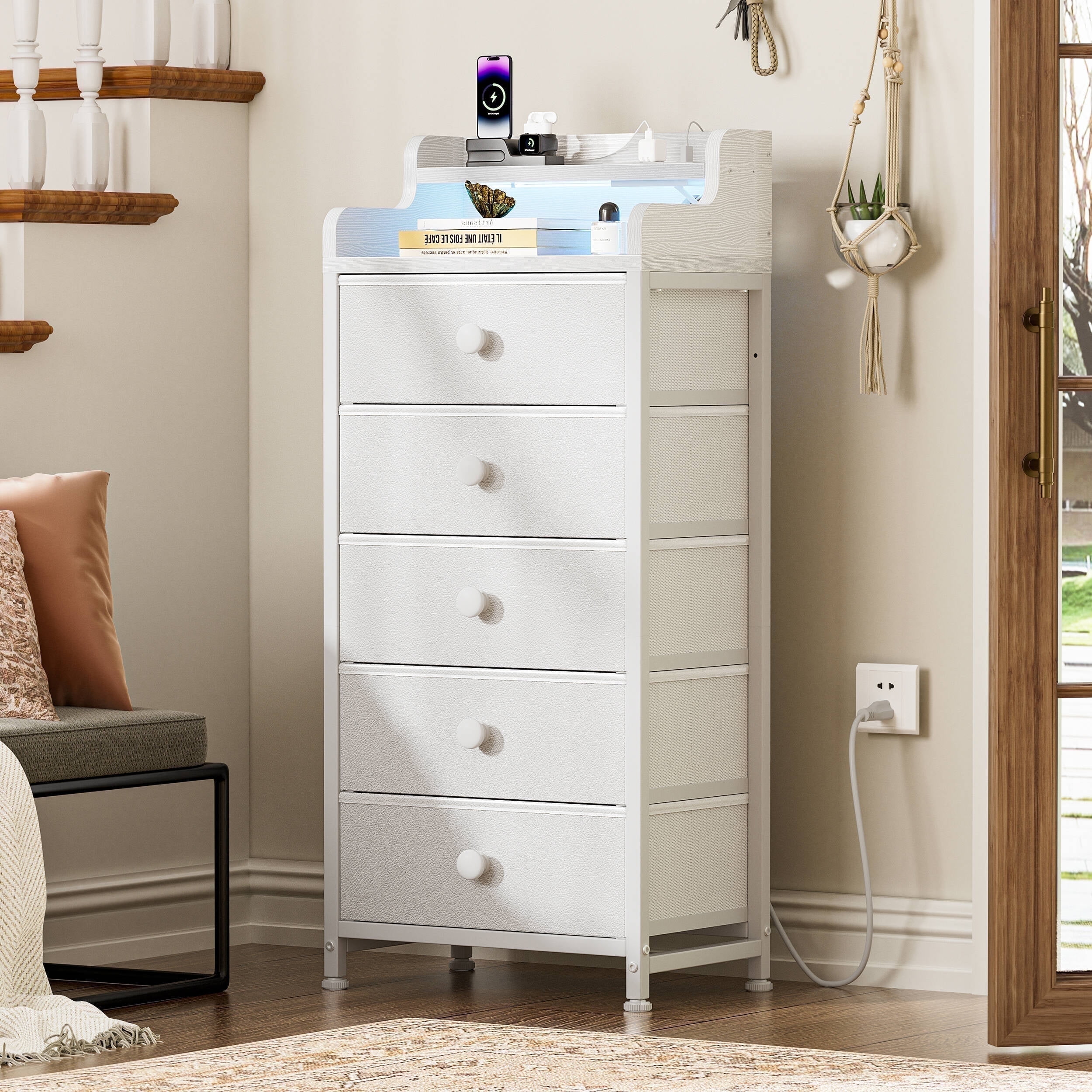 GUNAITO Led Dresser for Bedroom with 5 Drawers Tall Narrow Chest of Drawers Fabric Storage Dresser for Adults,White - Image 3