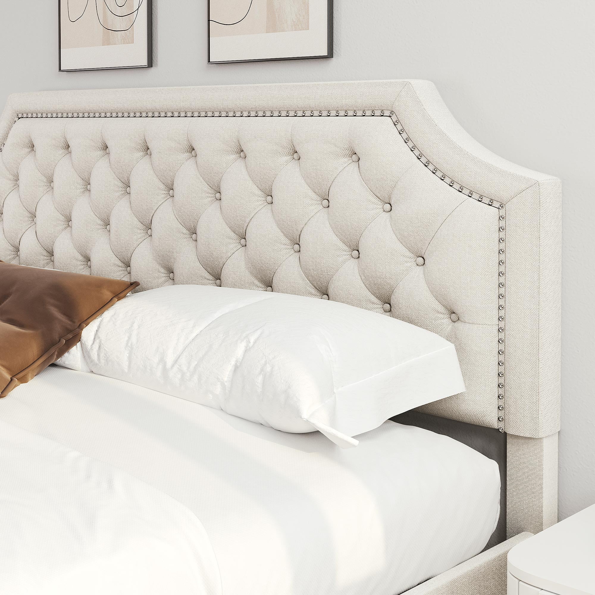 Dextrus King Size Platform Bed Frame with Tufted Upholstered Headboard, Beige - Image 4