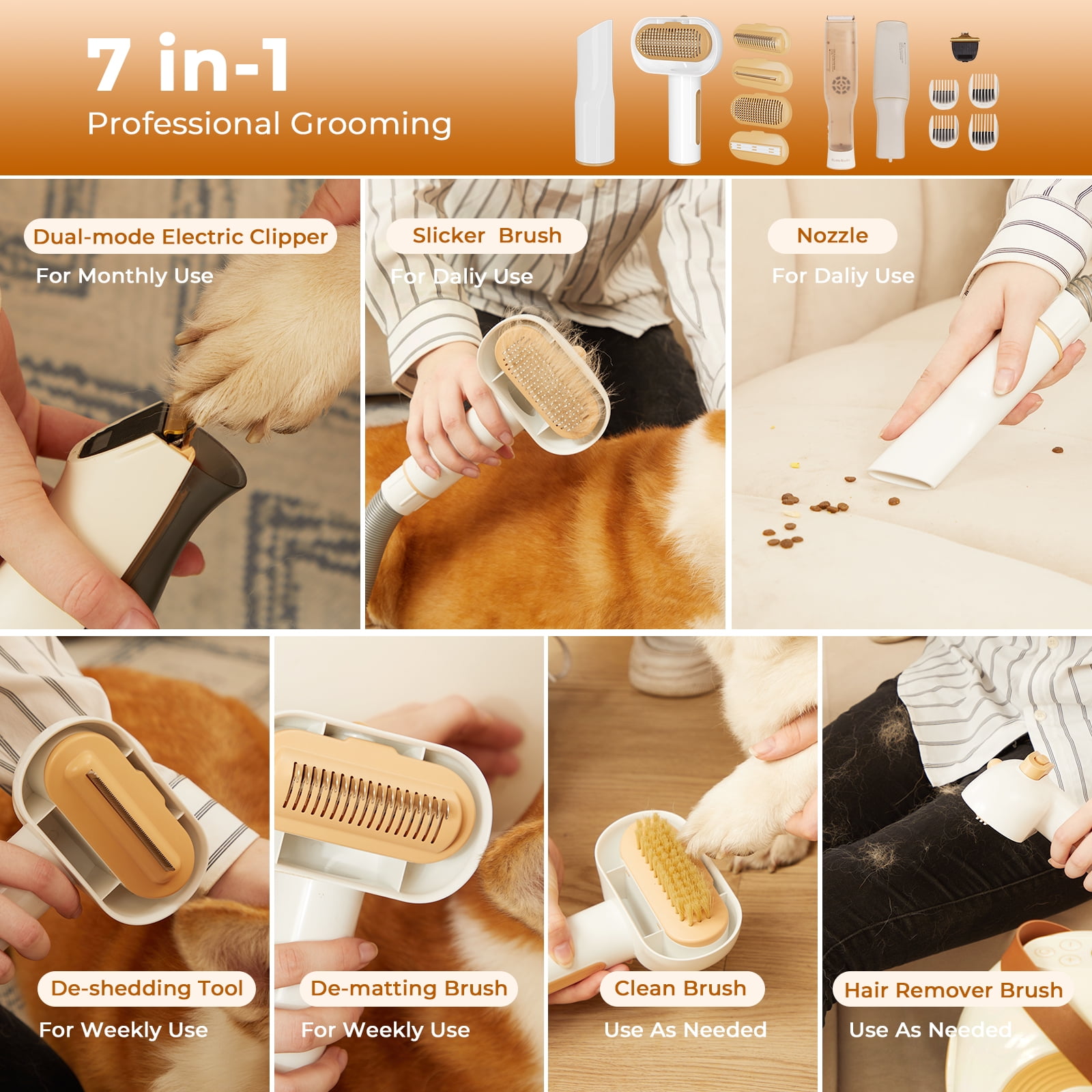 REDSASA Dog Hair Vacuum, 7 in 1 Low Noise Pet Grooming Kit, Cat Hair Trimmer 2L Large Capacity Dog Groom Vacuum Cleaners for Shedding Pet Hair, Home Cleaning, Yellow - Image 3