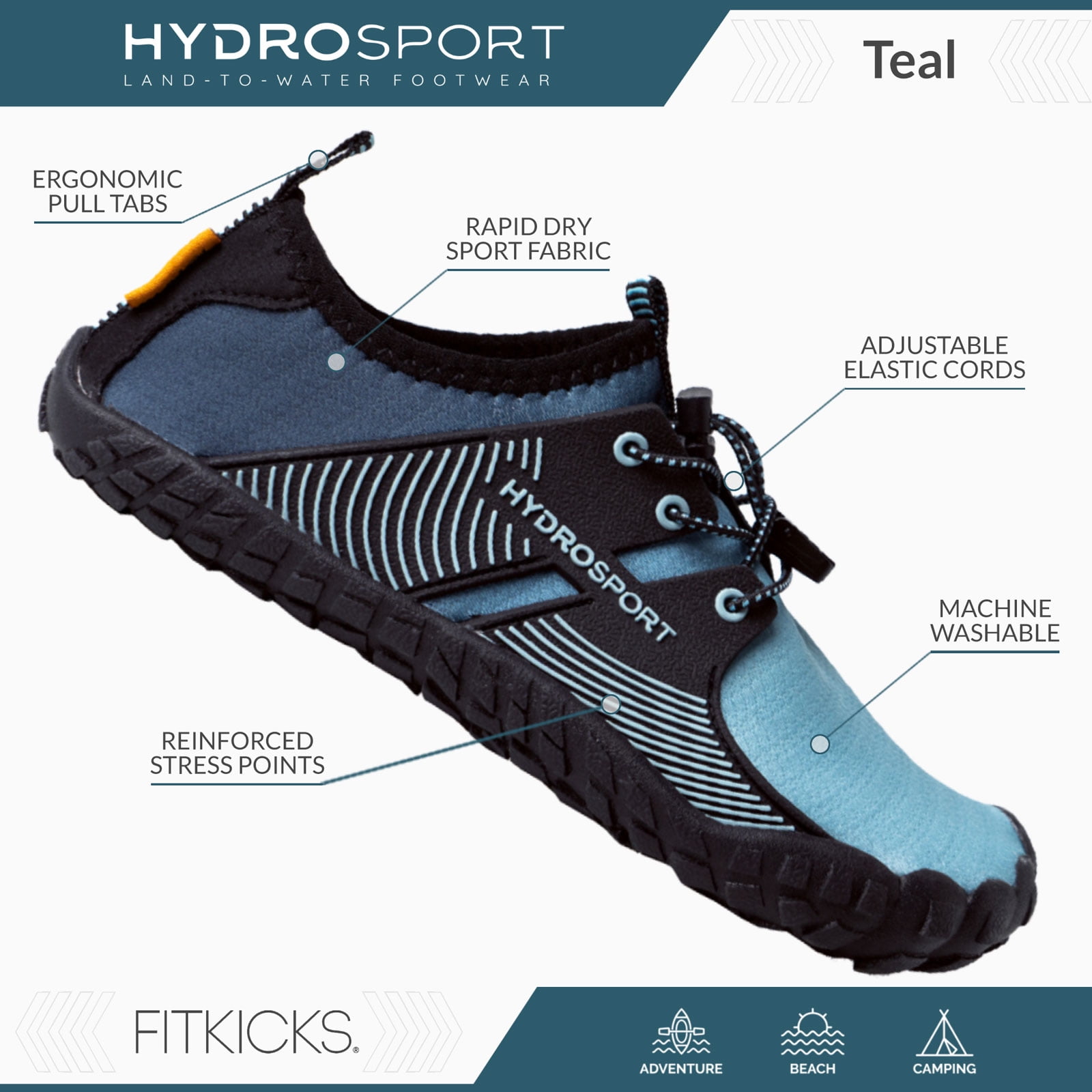 FITKICKS HydroSport Land-to-Water Footwear Barefoot Shoes, Teal (Unisex) - Image 5