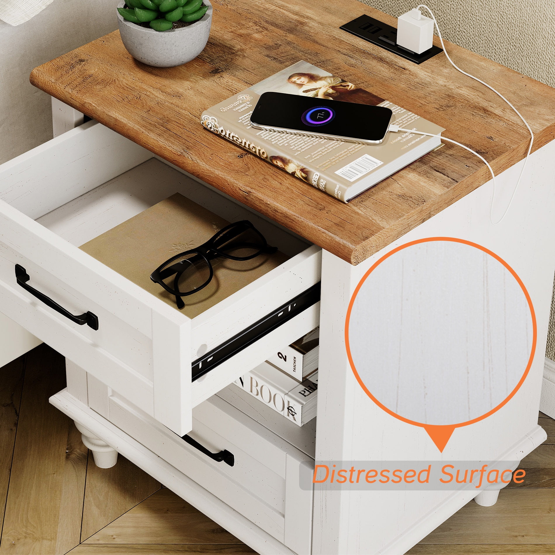 Nightstand, Bedside Table with Charging Station, End Table with 2 Drawer, Open Shelf, Modern Style for Bedroom, Living Room, White and Oak - Image 7