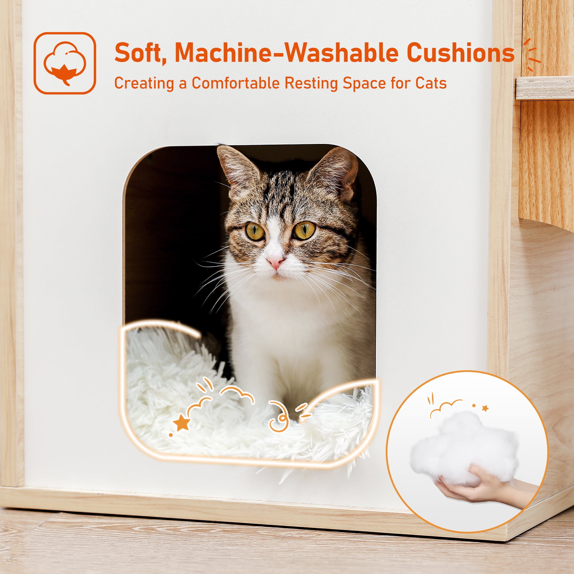 PAWZ Road Modern Cat Tree 54" Rocket Cat Tower Spaceship 3 Condo Cat Furniture for Indoor Cats, Beige - Image 12