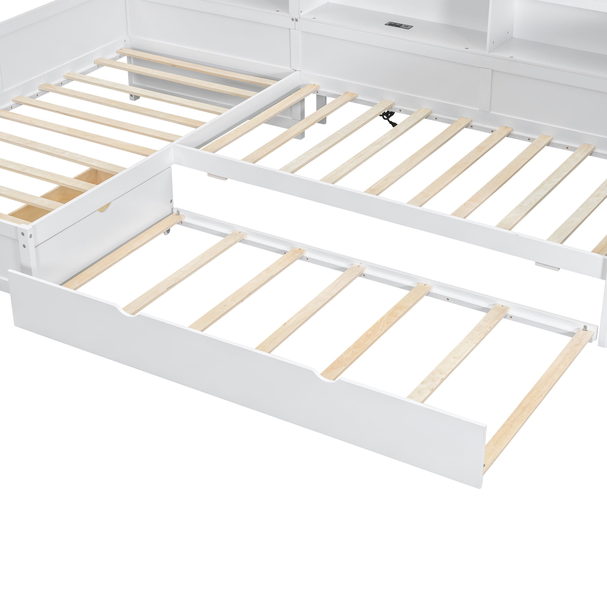 Euroco Wood Twin Size Platform Bed, L Shaped Daybeds with Storage Headboard and USB Charging, 3-in-1 Bed with Trundle and Drawer, White - Image 9