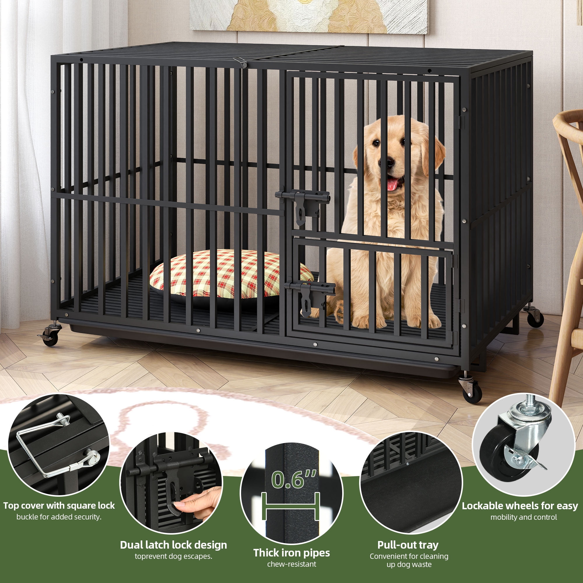 Uforic 48 Inch Heavy Duty Dog Crate Cage Kennel with Wheels, High Anxiety Indestructible, Sturdy Locks Design, 3 Door and Removable Tray, Extra Large XL XXL - Image 8