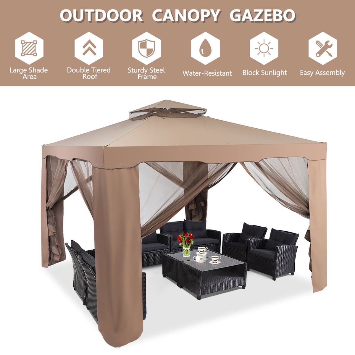 Costway 2-tier 10’x 10’ Canopy Gazebo Tent Outdoor Netting Picnic Party Sun Shade - Image 8