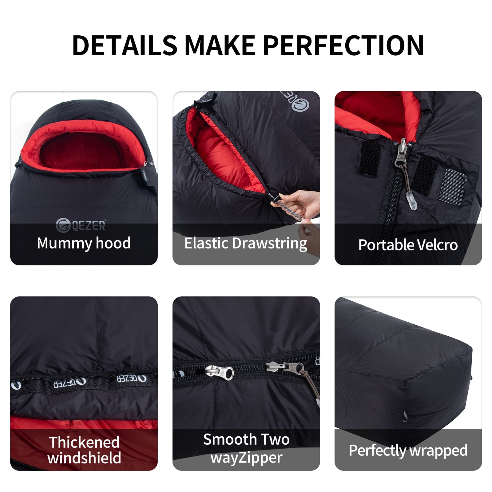 QEZER Adult Mummy Down Sleeping Bag, Perfect for Extreme Cold Weather, Essential for Camping and Backpacking, with compression sack, 88.6" × 32.3", 3.44 lb, Black - Image 9