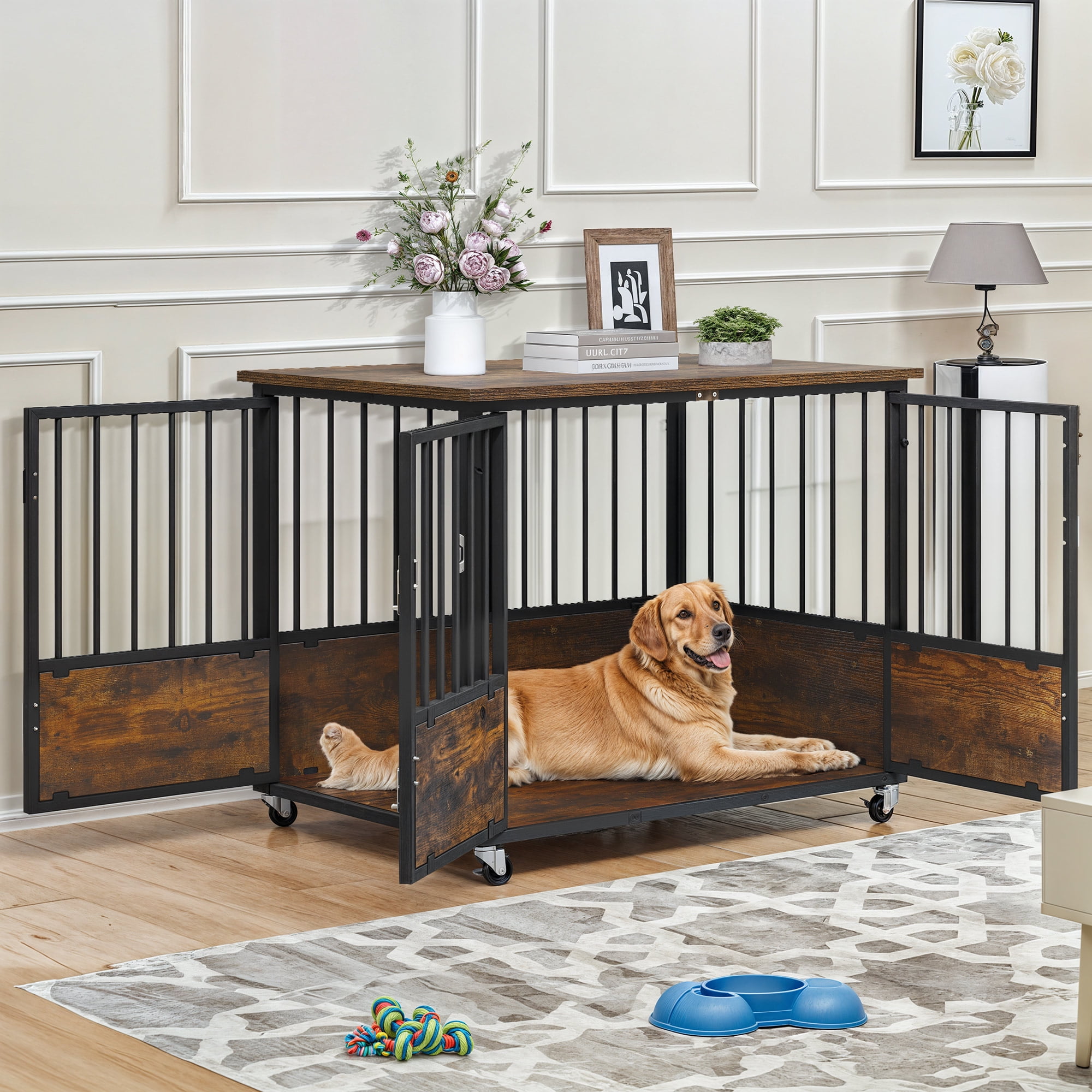 Uforic 38-Inch Wooden Dog Crate Furniture with Wheels and Double-Doors,Dog Kennel,Dog Cage for Indoor - Rustic Brown - Image 5