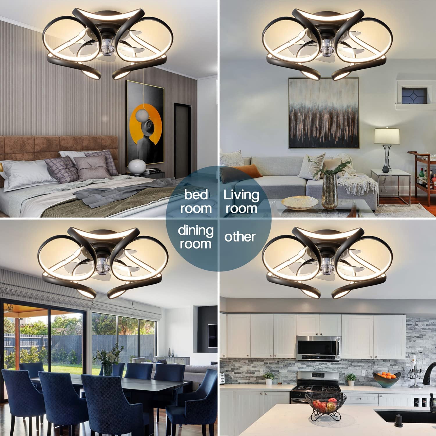 Surnie Ceiling Fan with Light, Modern Flush Mount Low Profile, Dimmable and Bladeless Ceiling Fans with Remote Control, Smart 3 Light Color and 6 Speeds for Living Room, Bedroom, Kitchen, Black - Image 5