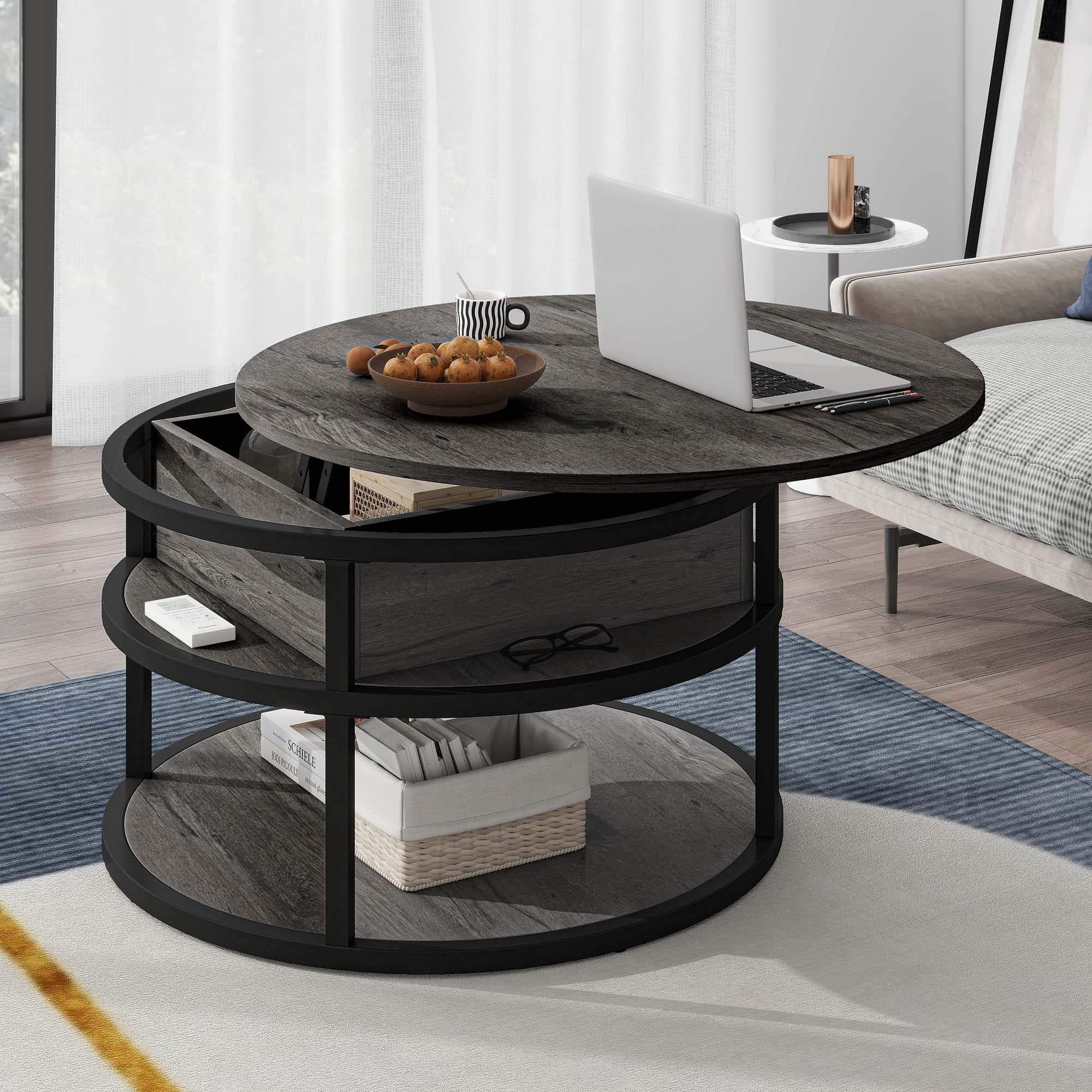 Dextrus Modern Lift Top Coffee Table with Storage, Round Center Tables for Living Room, Home Office, Gray - Image 5