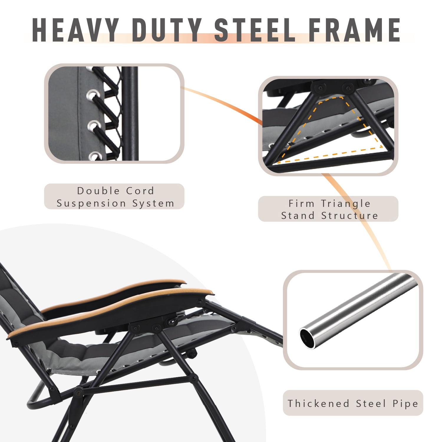MF Studio Oversized Padded Zero Gravity Chair Adjustable Camping Lawn Chair with Cup Holder, Grey - Image 8