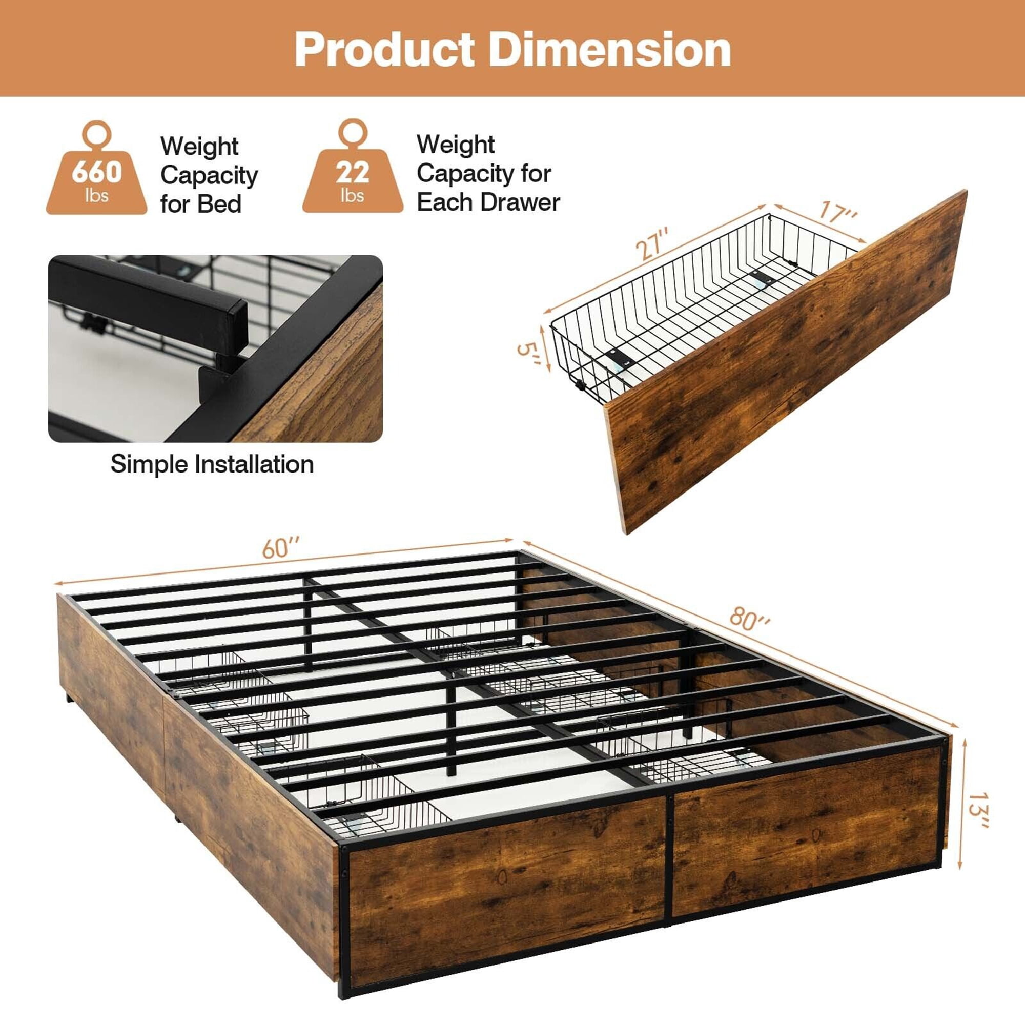Gymax Queen Industrial Metal Platform Bed Frame with 4 Drawers Wooden Footboard - Image 6