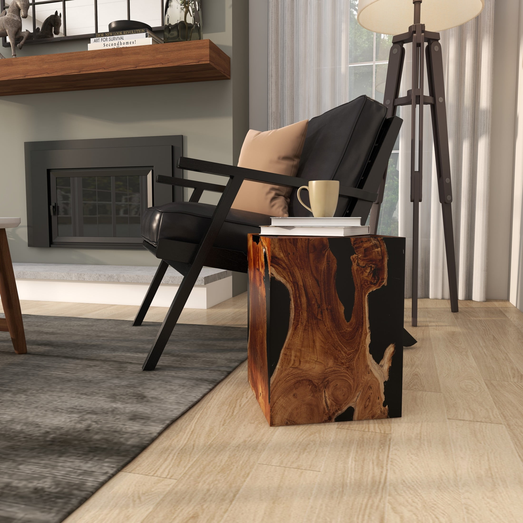 DecMode 12" x 15" Brown Teak Wood Block Abstract Accent Table with Black Resin Inlay, 1-Piece - Image 10