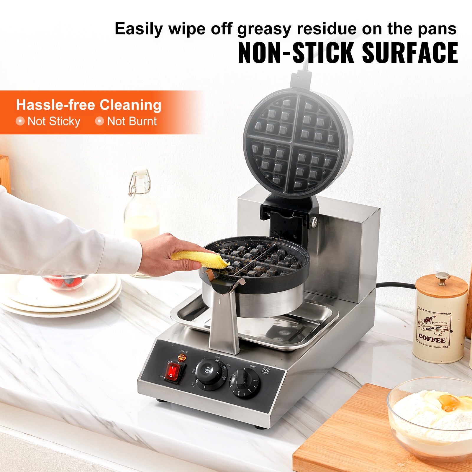 VEVOR Commerical Round Waffle Maker 1300W Rotatable Non-Stick Waffle Iron 120V - Image 5