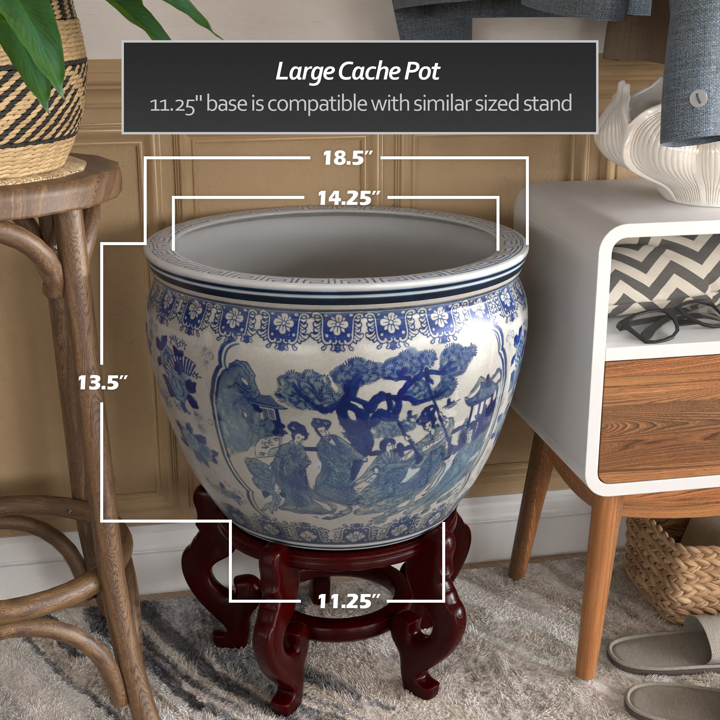 Red Lantern Large 18" Ladies Blue & White Porcelain Fishbowl Planter - Image 6