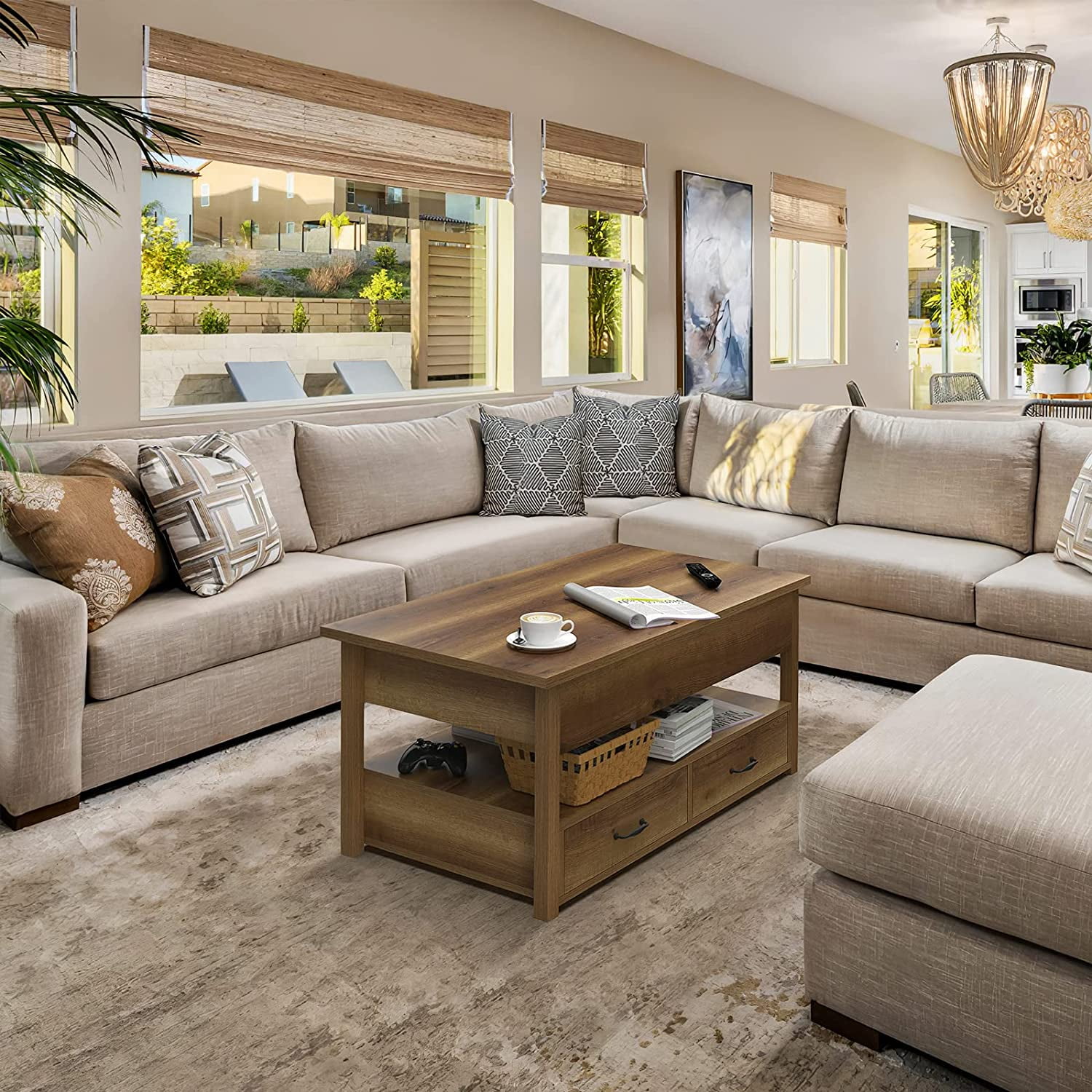 DEXTRUS Wood Lift Top Coffee Tables with 2 Storage Drawers & Hidden Compartment for Living Room Office, Rustic Brown - Image 2