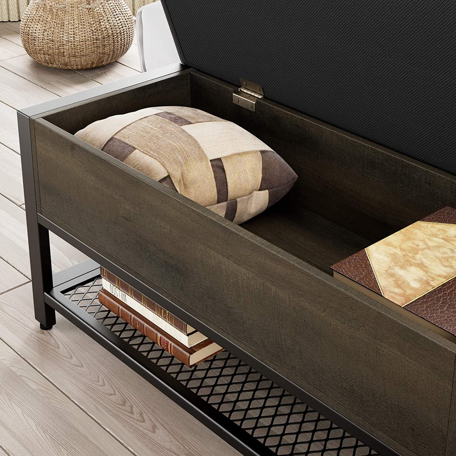 Homfa Storage Bench with Storage, Long Leather Shoe Bench with Flip Top for Hallway, Living Room, Dark Brown - Image 3