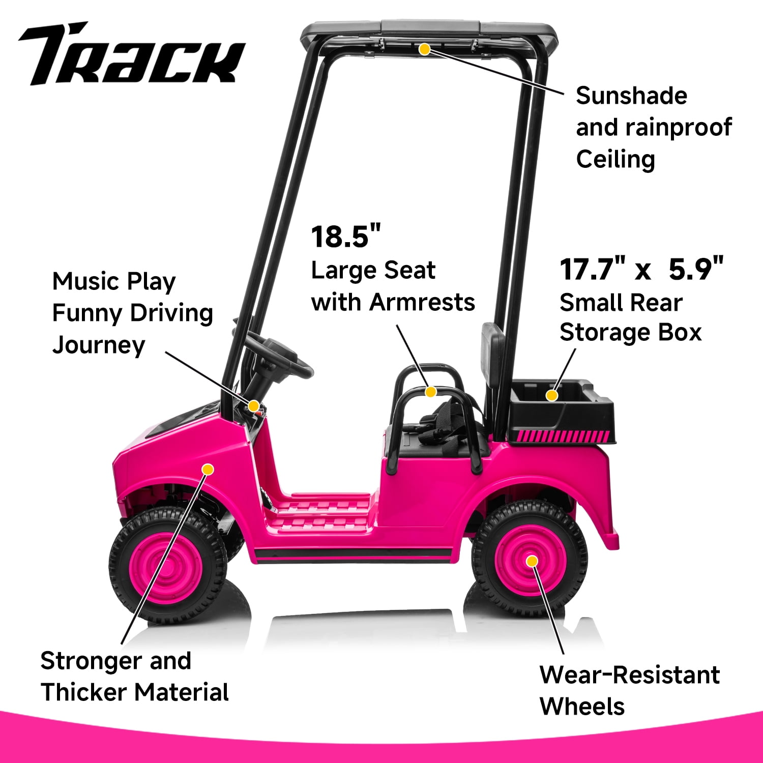 Track Seven 24V Ride on Car, Electric Golf Cart with Ceiling, Ride on Truck with Remote Control, Music, Rear Storage Box, Electric Car for Boys Girls Age 3+, 18.5" Large Seat with Armrests, Pink - Image 10