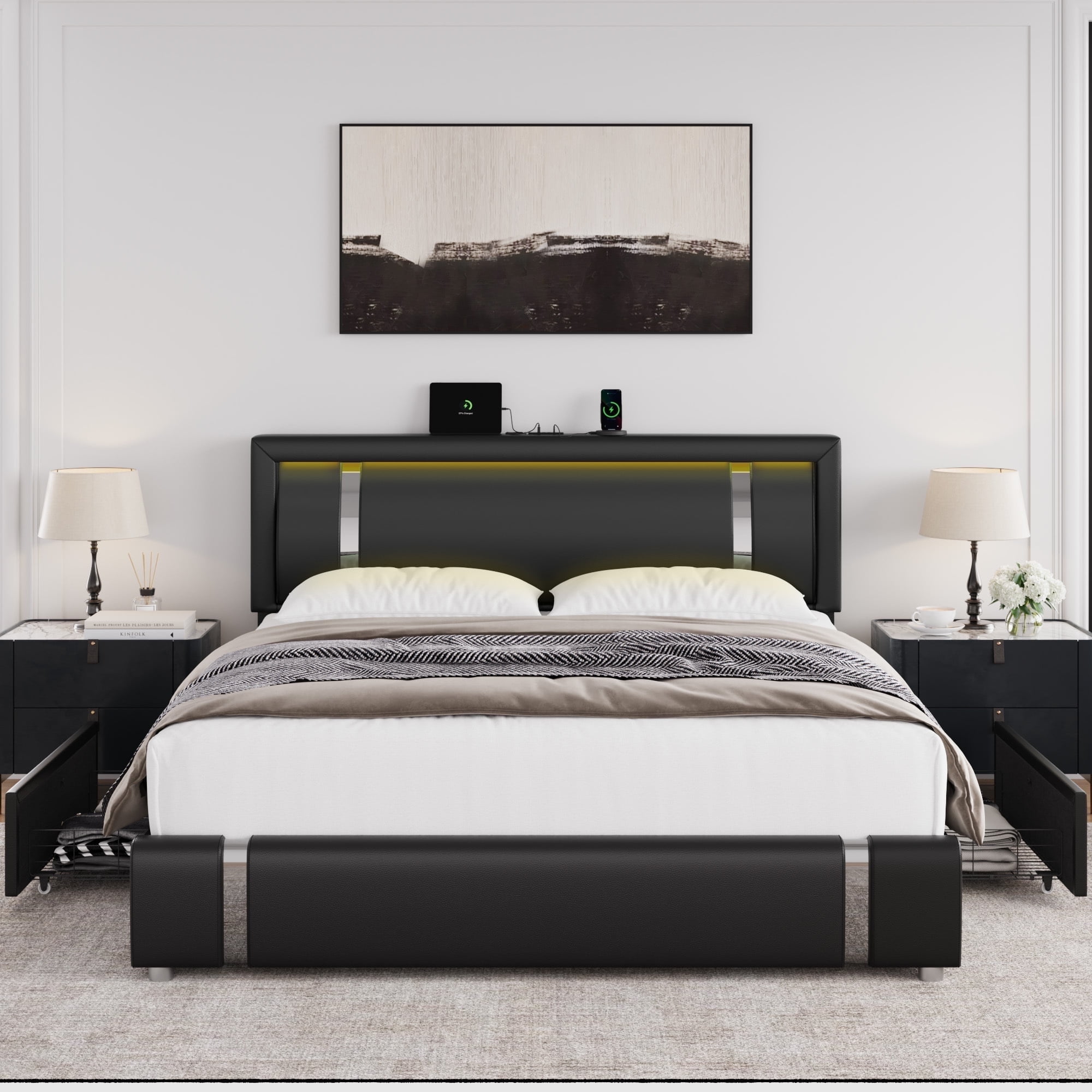 Homfa Queen Size LED Bed Frame with 2 Storage Drawers, Modern Leather Upholstered Platform Bed Frame with Adjustable Headboard, Black - Image 5